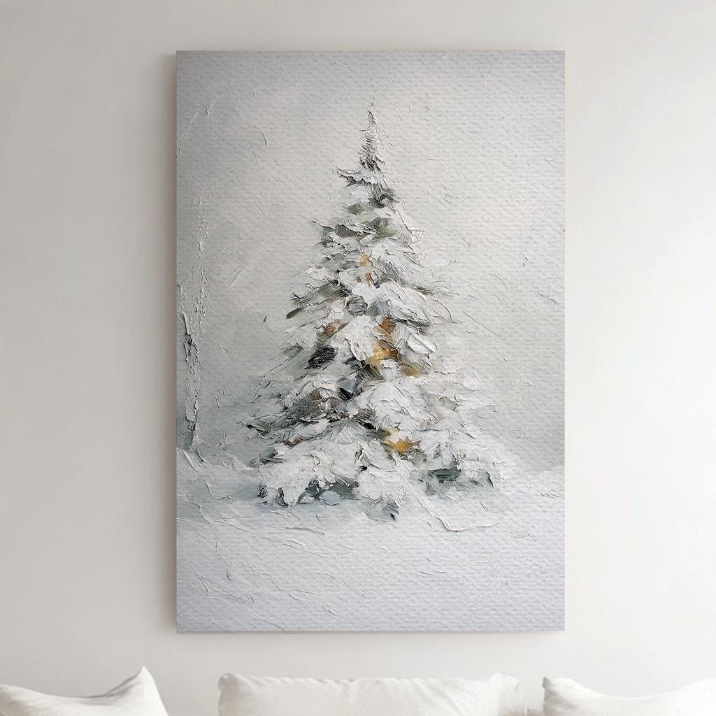 Snowy Pine Tree Vertical Wall Art Christmas, Decor Winter Canvas Print, Farmhouse Big Canvas Art