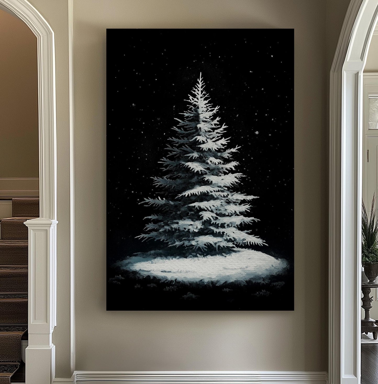 Snowy Pine Tree Pitch Black Vertical Wall Art Christmas, Decor Winter Canvas Print, Farmhouse Big Canvas Art