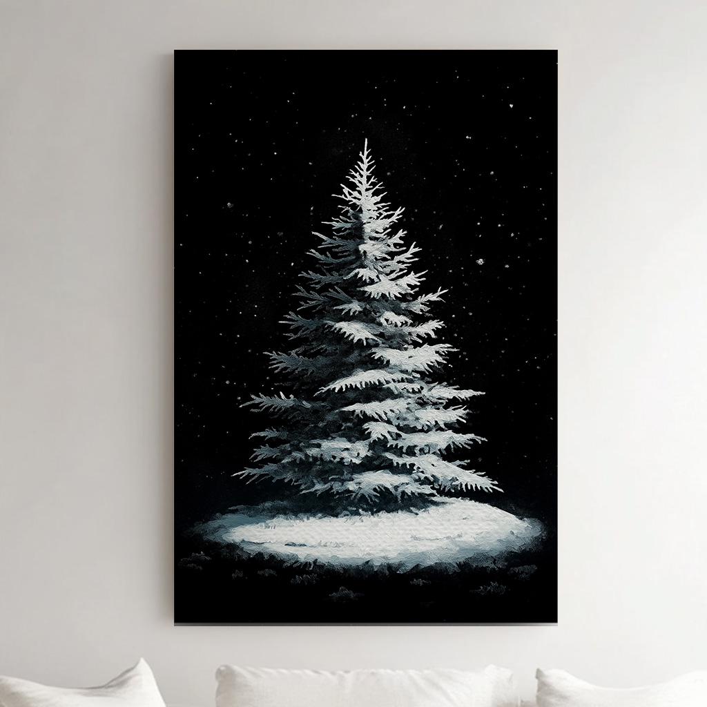Snowy Pine Tree Pitch Black Vertical Wall Art Christmas, Decor Winter Canvas Print, Farmhouse Big Canvas Art
