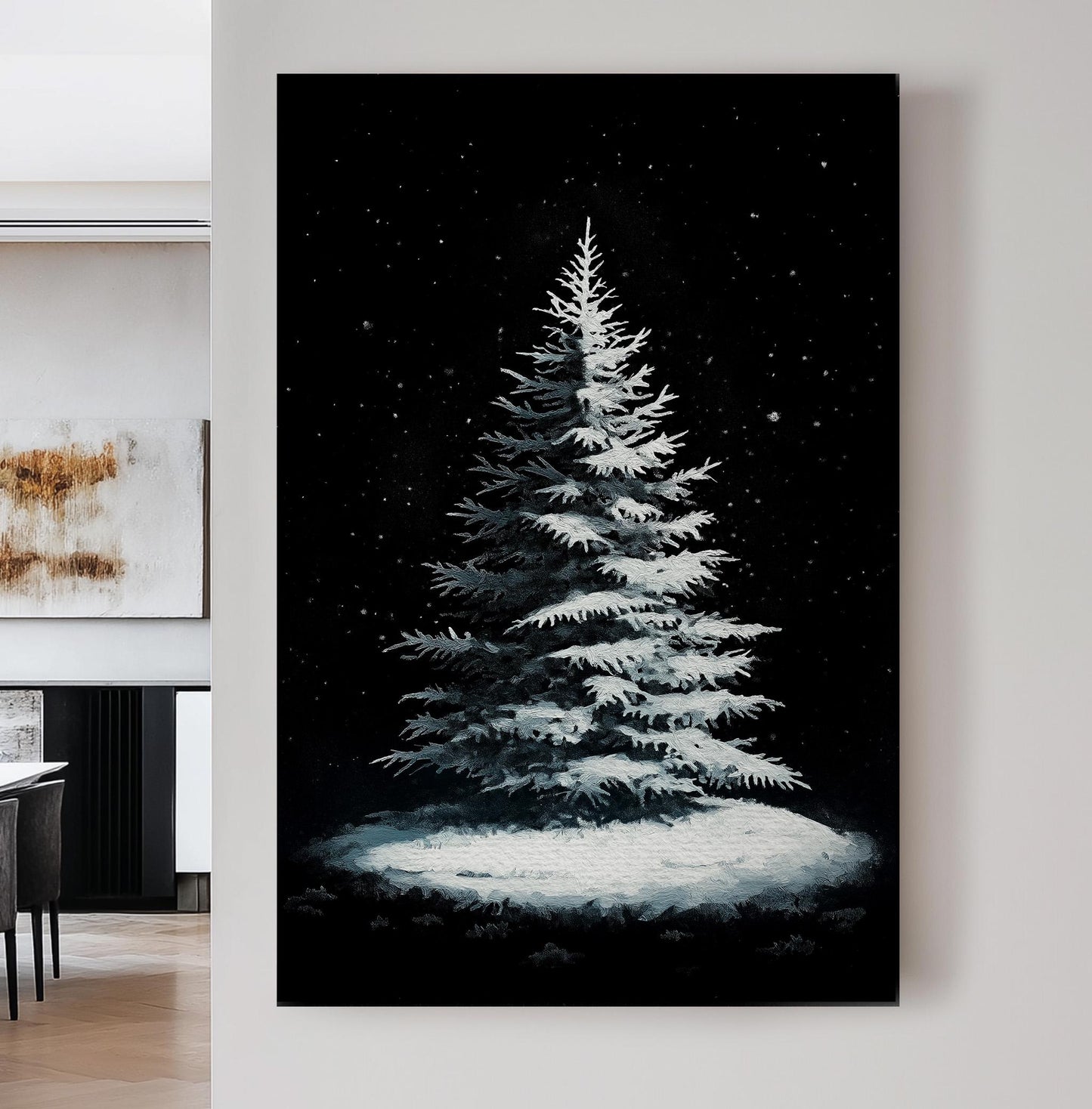 Snowy Pine Tree Pitch Black Vertical Wall Art Christmas, Decor Winter Canvas Print, Farmhouse Big Canvas Art
