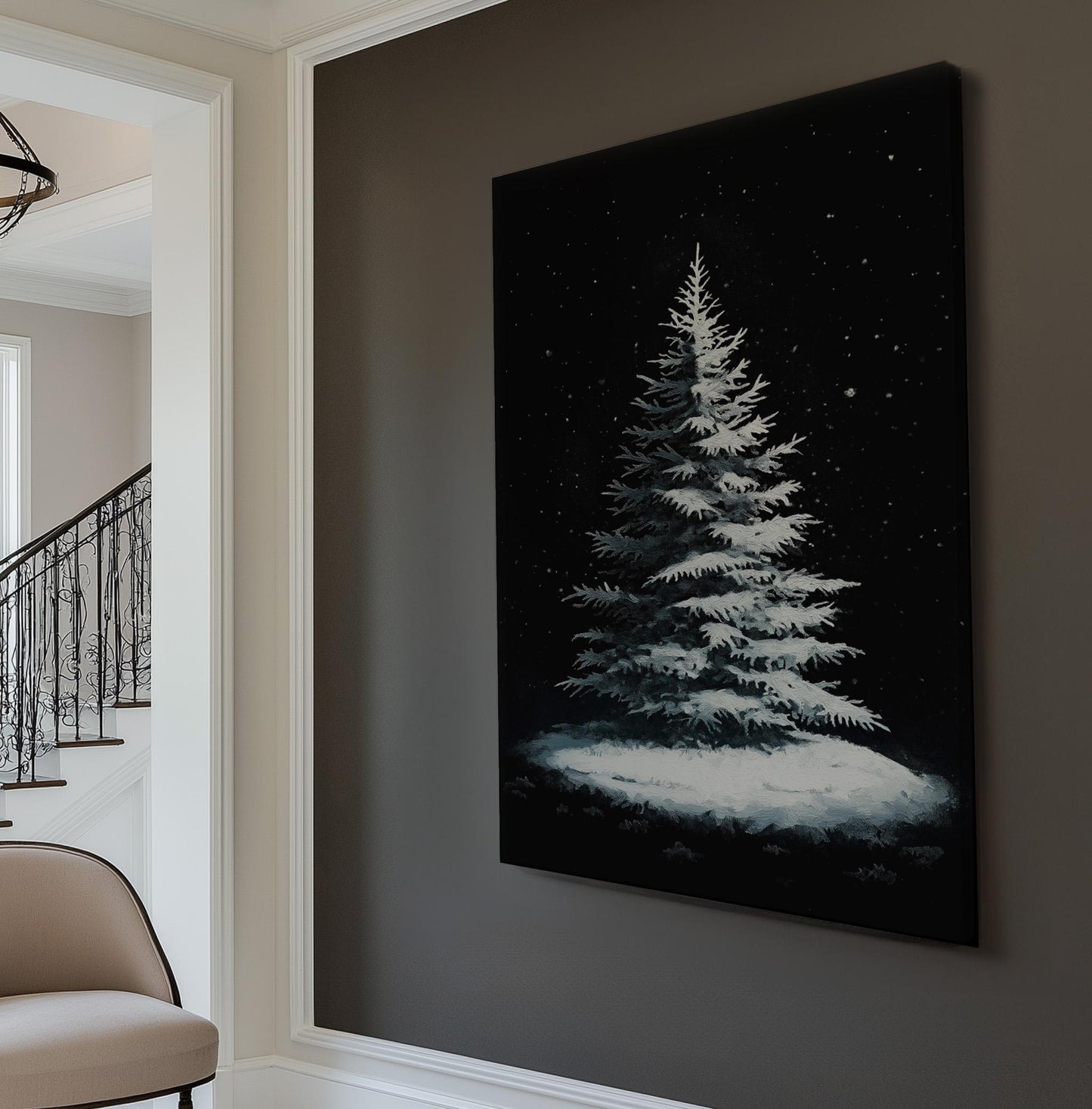Snowy Pine Tree Pitch Black Vertical Wall Art Christmas, Decor Winter Canvas Print, Farmhouse Big Canvas Art