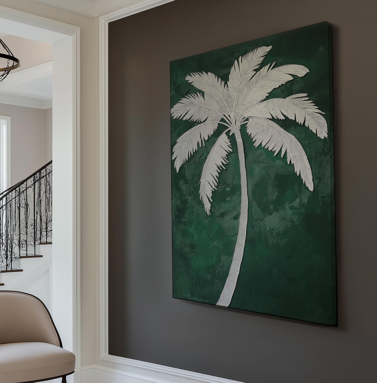 Sage Green Minimal Palm Tree Vertical Wall Art Tropical, Decor Boho Canvas Print, Palm Leaves Big Canvas Art
