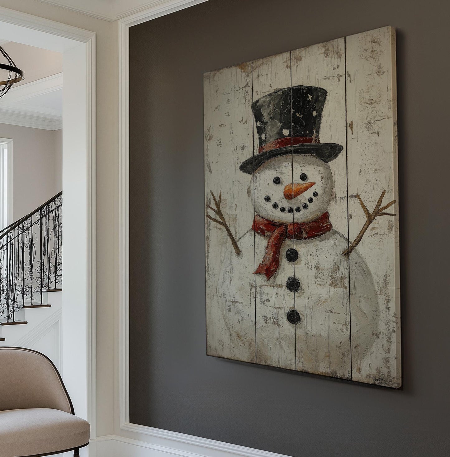 Rustic Snowman Vertical Wall Art Christmas, Decor Winter Canvas Print, Farmhouse Big Canvas Art