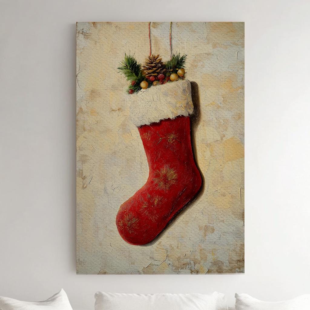 Red Christmas Stocking Vertical Wall Art Christmas, Decor Winter Canvas Print, Farmhouse Big Canvas Art