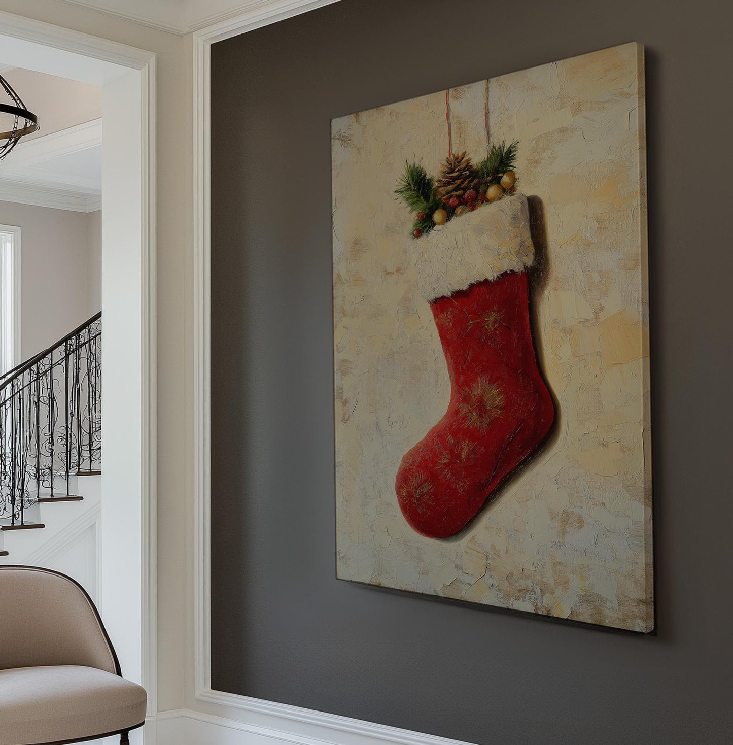 Red Christmas Stocking Vertical Wall Art Christmas, Decor Winter Canvas Print, Farmhouse Big Canvas Art