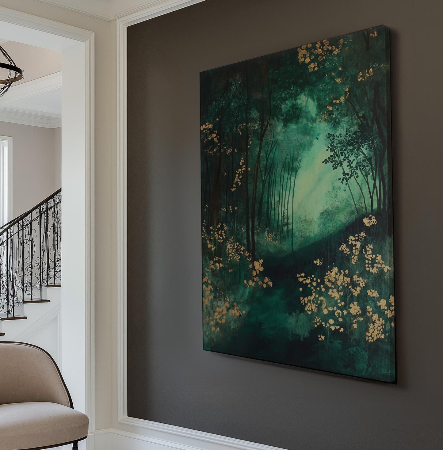 Night In The Forest Vertical Wall Art Emerald Green, Decor Golden Landscape Canvas Print, Rustic Country Big Canvas Art