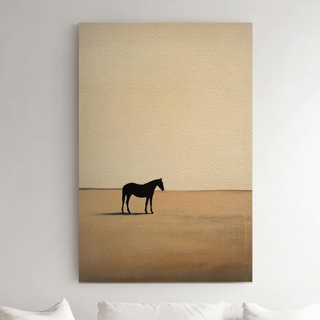 Horse On Praire Vertical Wall Art Farmhouse, Decor Beige Canvas Print, Horse Farm Big Canvas Art