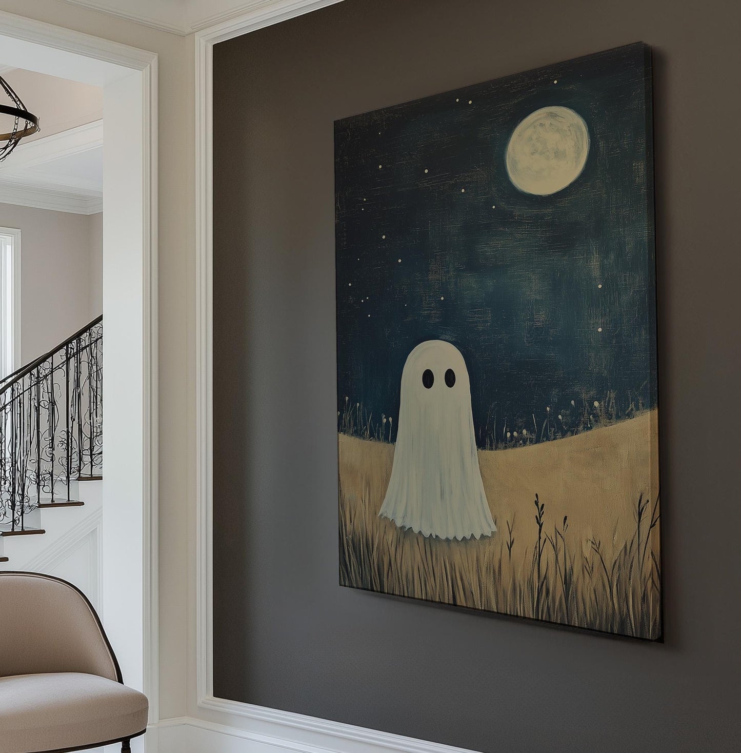Halloween Ghosts In The Field Vertical Wall Art Spooky, Decor Dark Academia Canvas Print, Whimsical Big Canvas Art