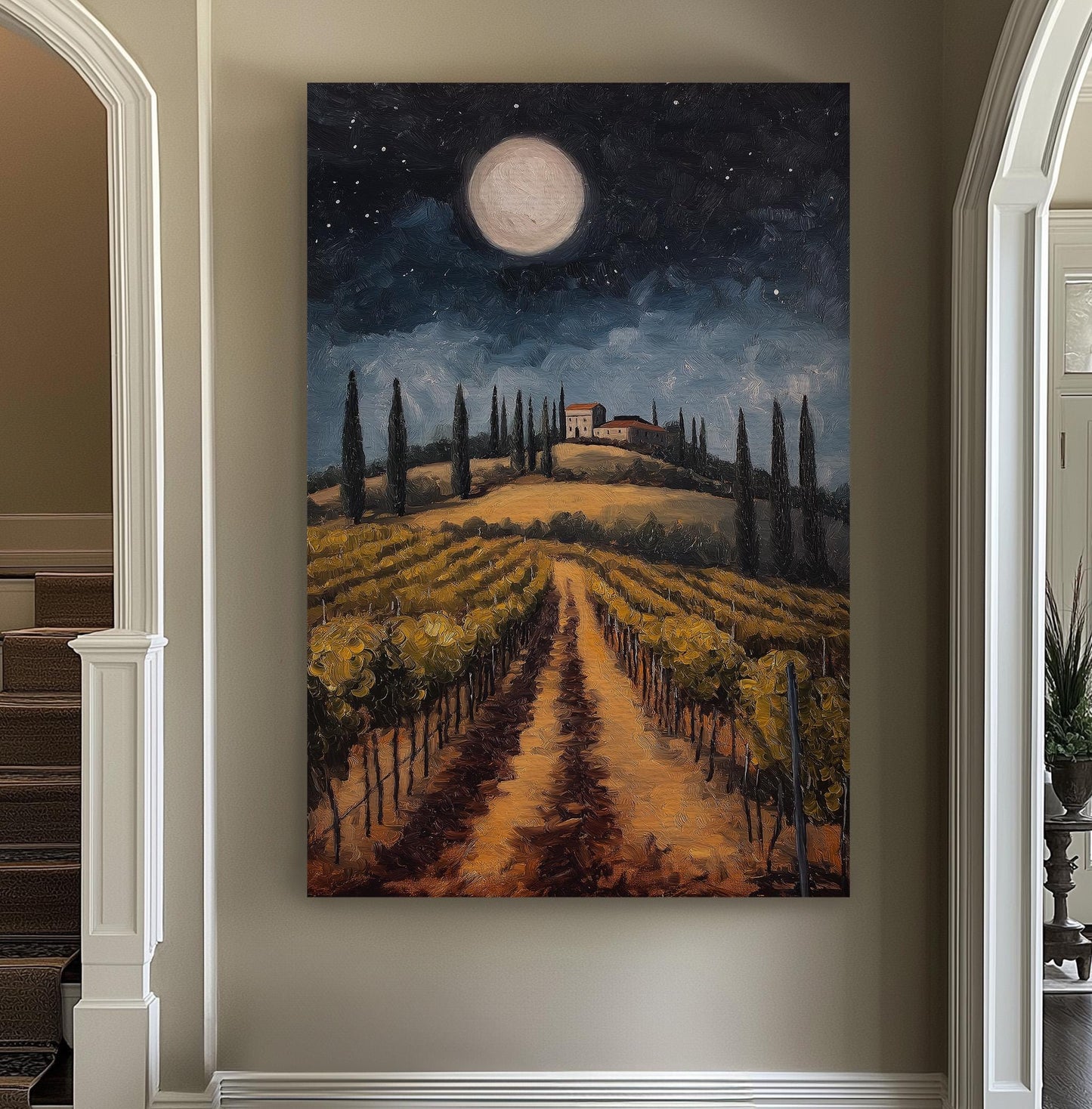 Full Moon Over The Vineyard Vertical Wall Art Tuscany, Decor Tuscan Village Canvas Print, Italian Countryside Big Canvas Art
