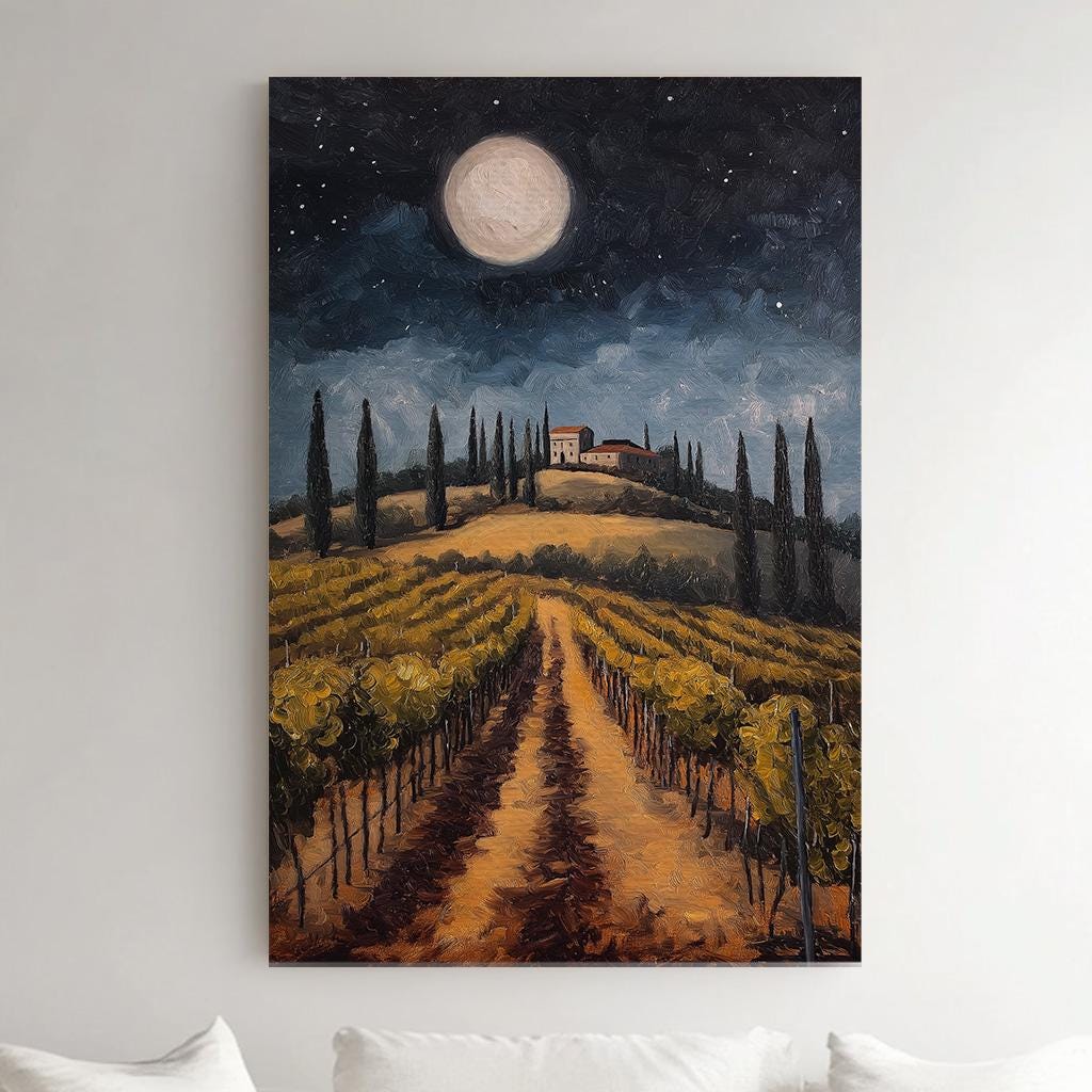 Full Moon Over The Vineyard Vertical Wall Art Tuscany, Decor Tuscan Village Canvas Print, Italian Countryside Big Canvas Art