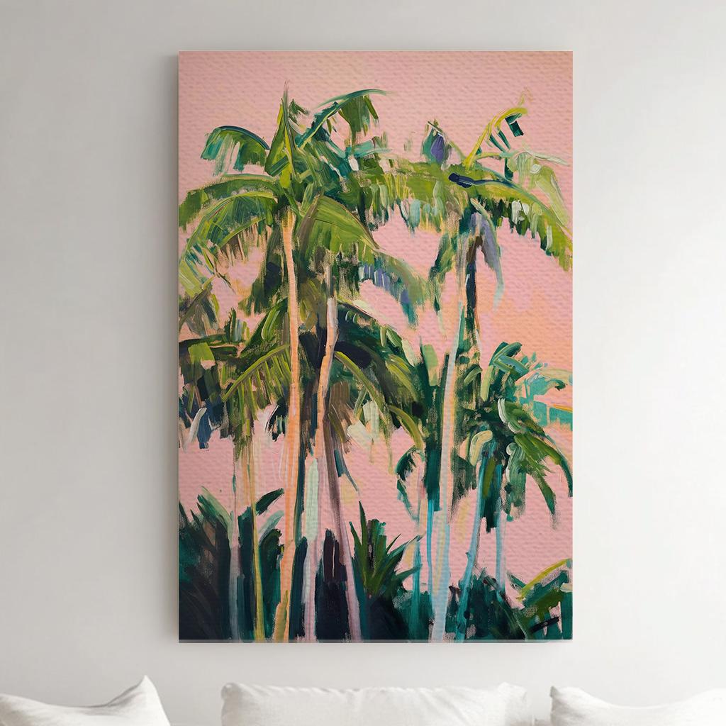 Florida Palm TreePink Sky Vertical Wall Art Coastal, Decor Tropical Canvas Print, Summer Pastel Big Canvas Art