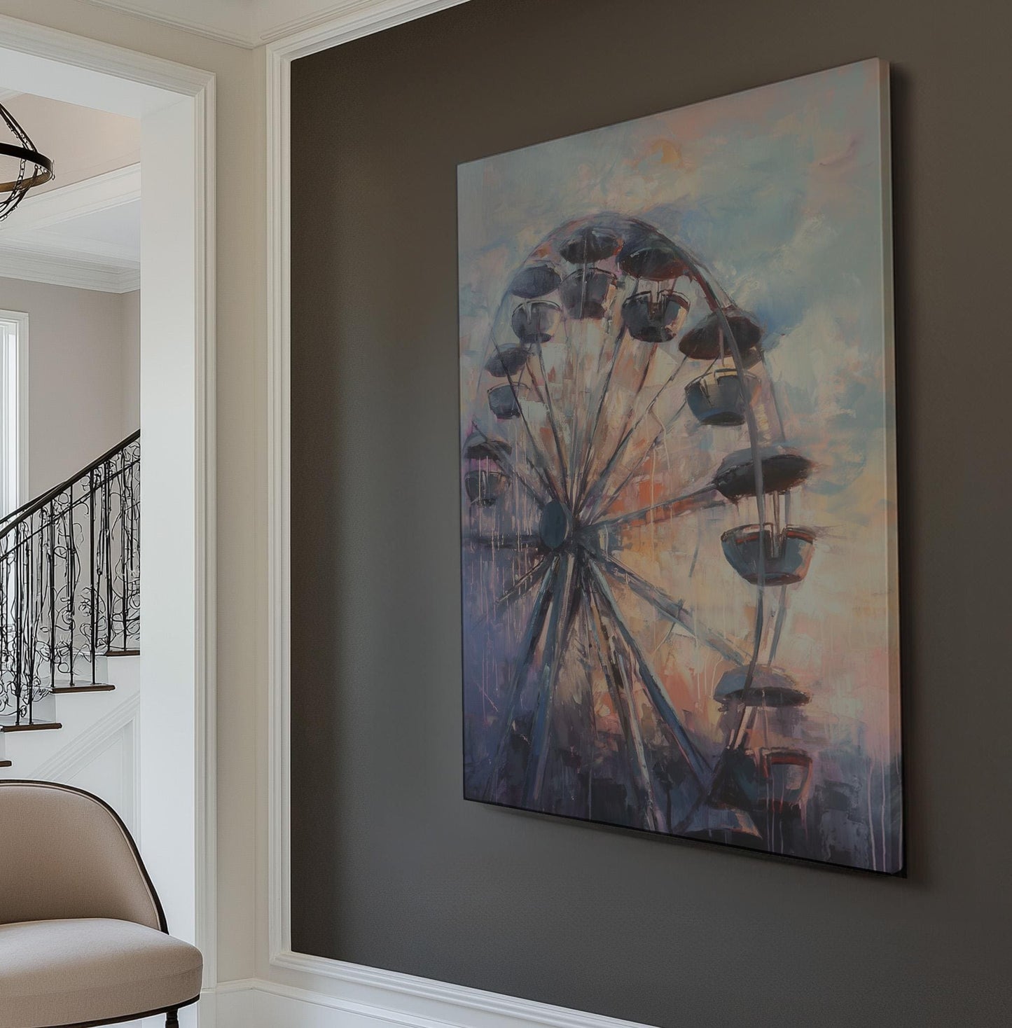 Ferris Wheel At Sunset Vertical Wall Art Whimsical, Decor Amusement Park Canvas Print, Rustic Americana Big Canvas Art