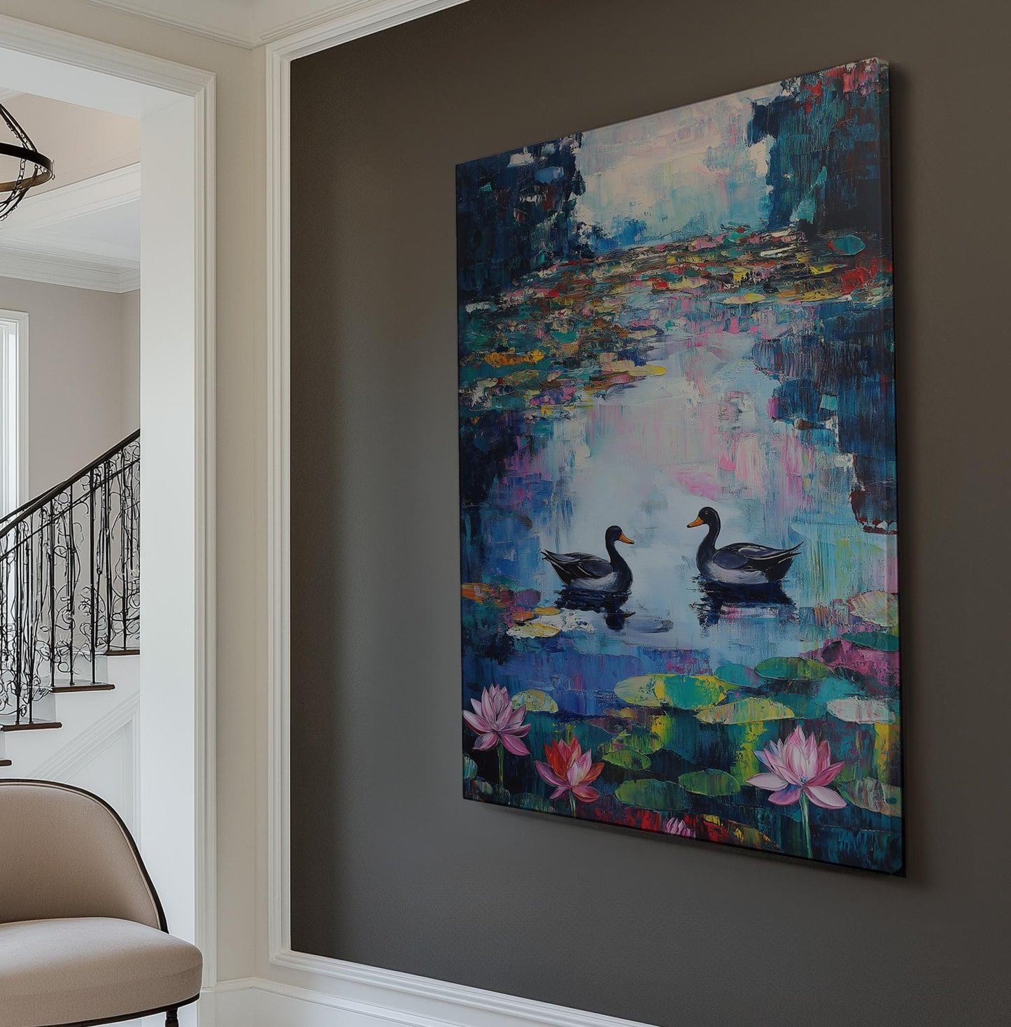 Ducks at the Lotus Lake Vertical Wall Art Lake Scene, Decor Quiet Pond Canvas Print, Tranquil Big Canvas Art