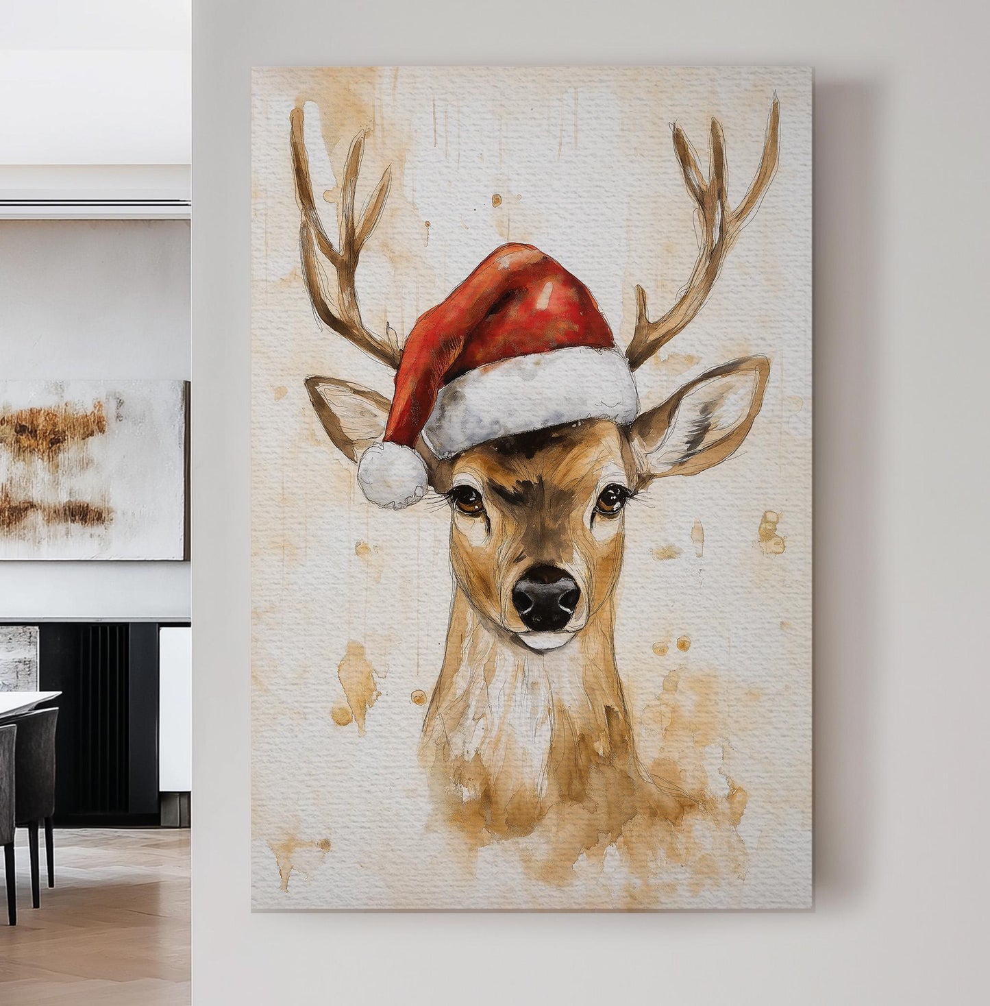 Deer In Santa Hat Vertical Wall Art Christmas, Decor Winter Canvas Print, Farmhouse Big Canvas Art