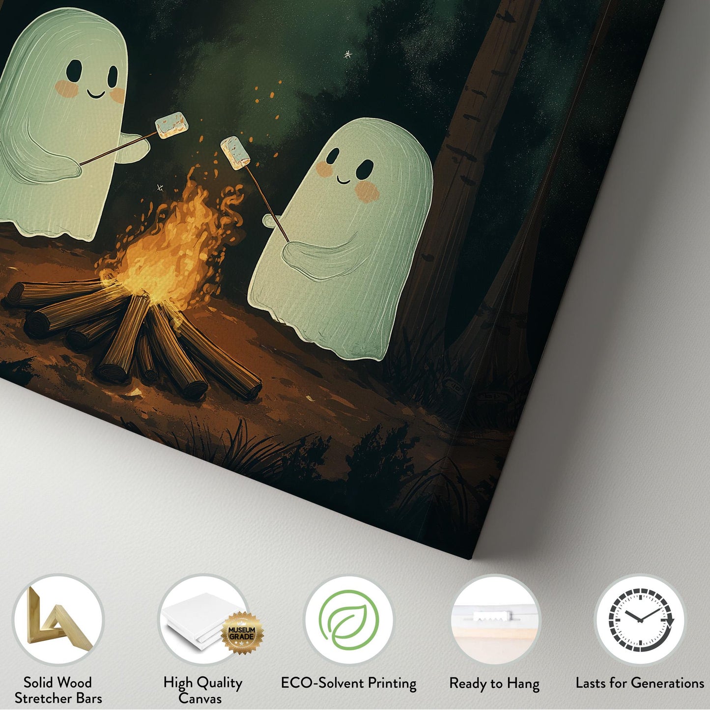 Cute Halloween Ghosts With Marshmallow Vertical Wall Art Spooky, Decor Dark Academia Canvas Print, Whimsical Big Canvas Art