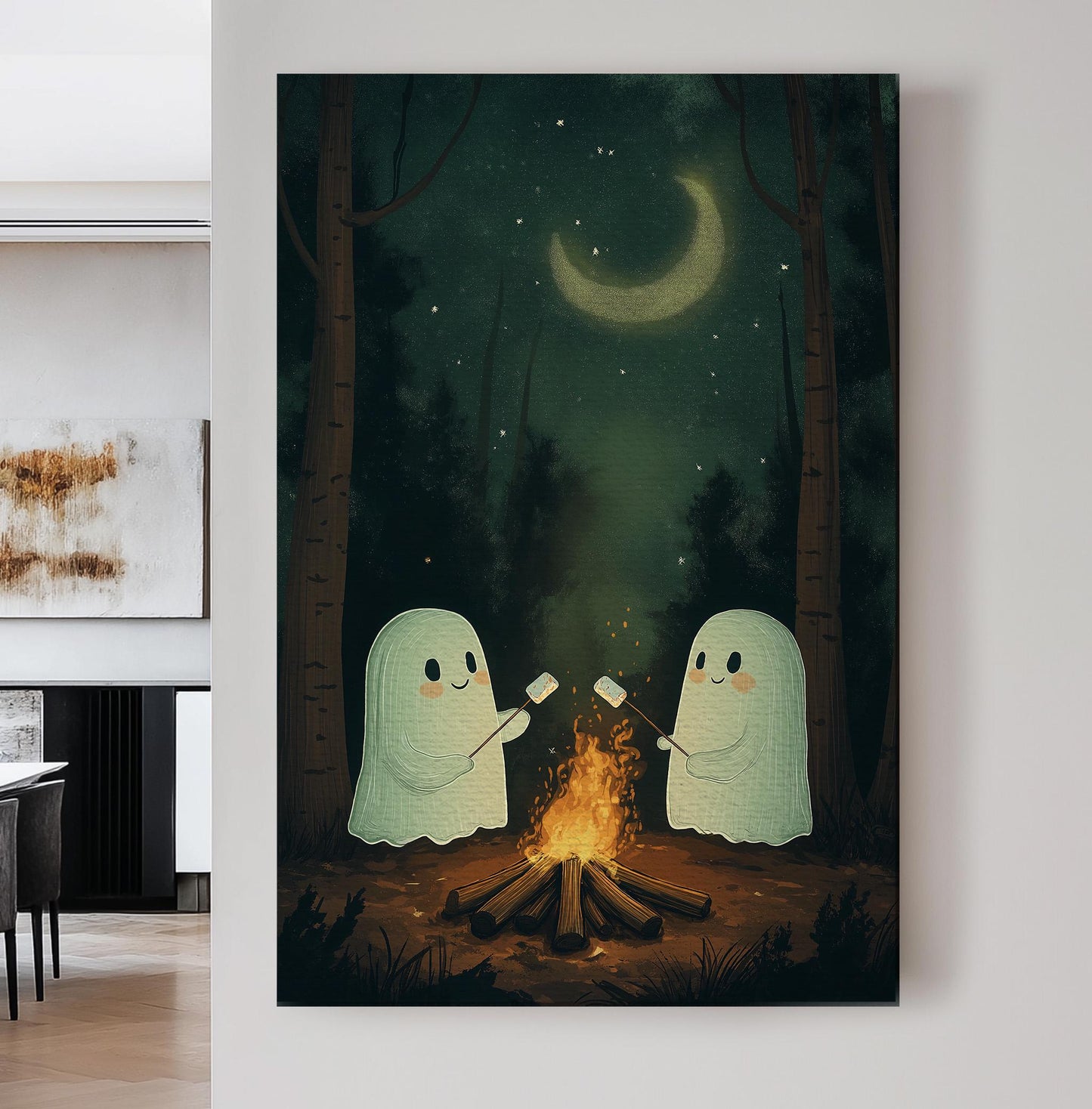 Cute Halloween Ghosts With Marshmallow Vertical Wall Art Spooky, Decor Dark Academia Canvas Print, Whimsical Big Canvas Art