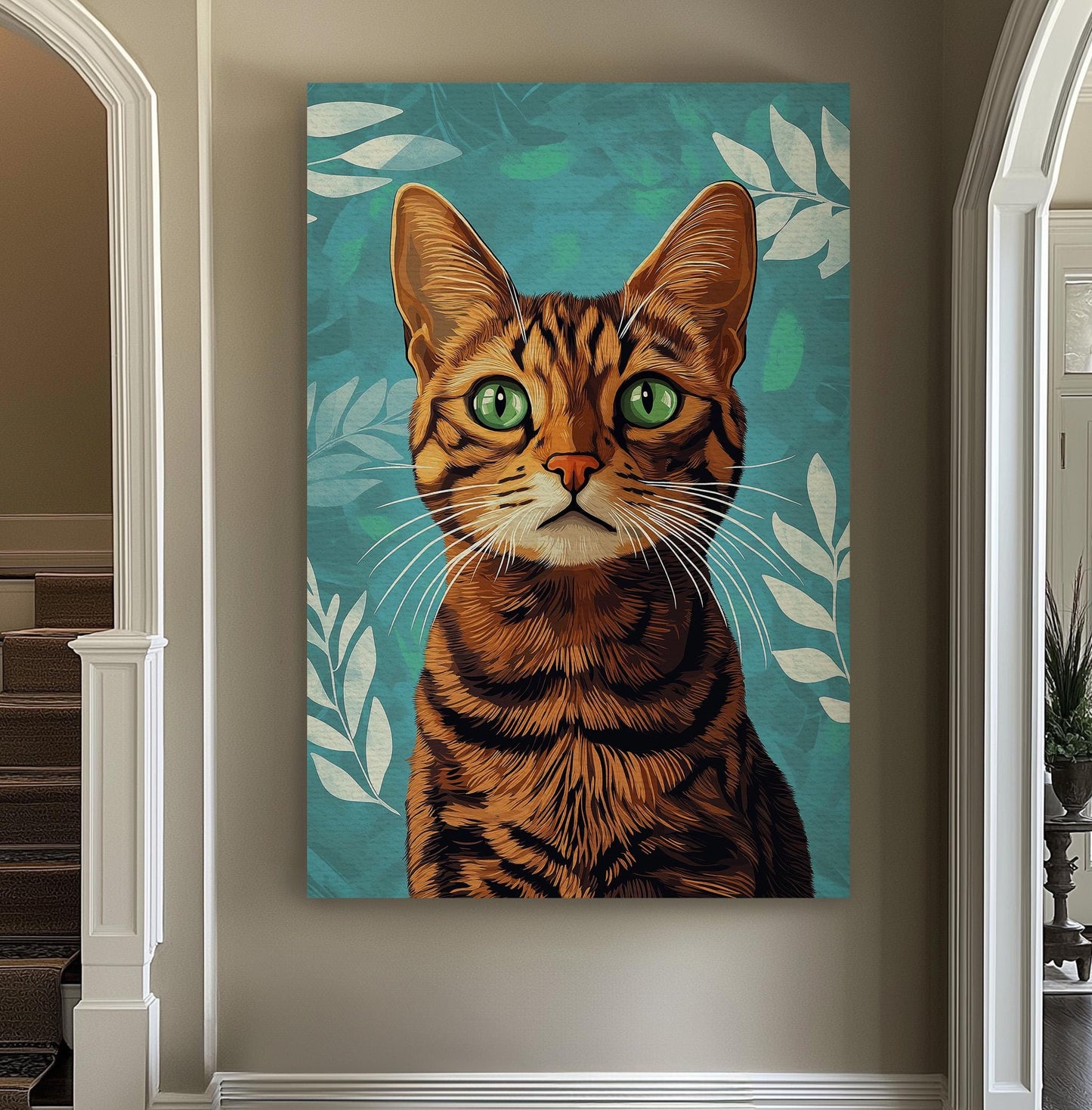 Cute Bengal Cat On Green Background Vertical Wall Art Pet, Decor Adorable Canvas Print, Minimal Big Canvas Art