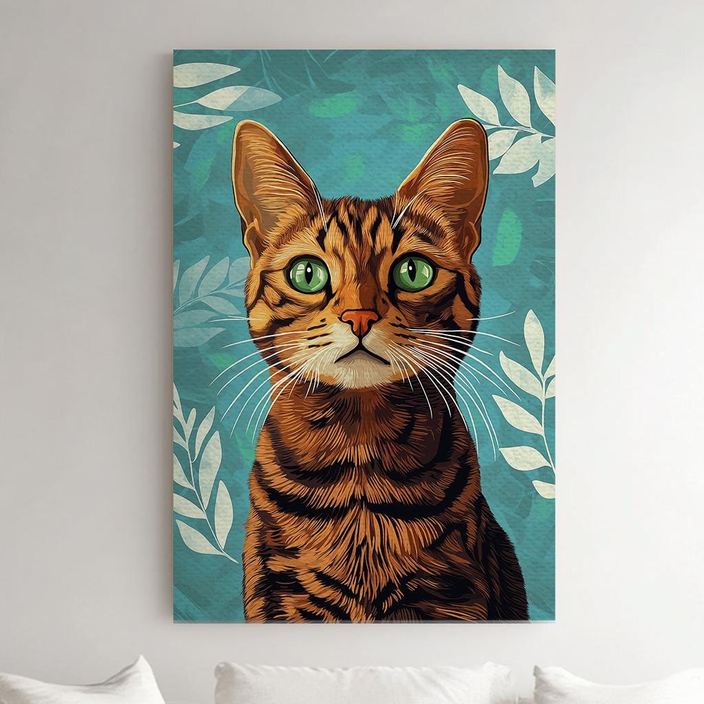 Cute Bengal Cat On Green Background Vertical Wall Art Pet, Decor Adorable Canvas Print, Minimal Big Canvas Art