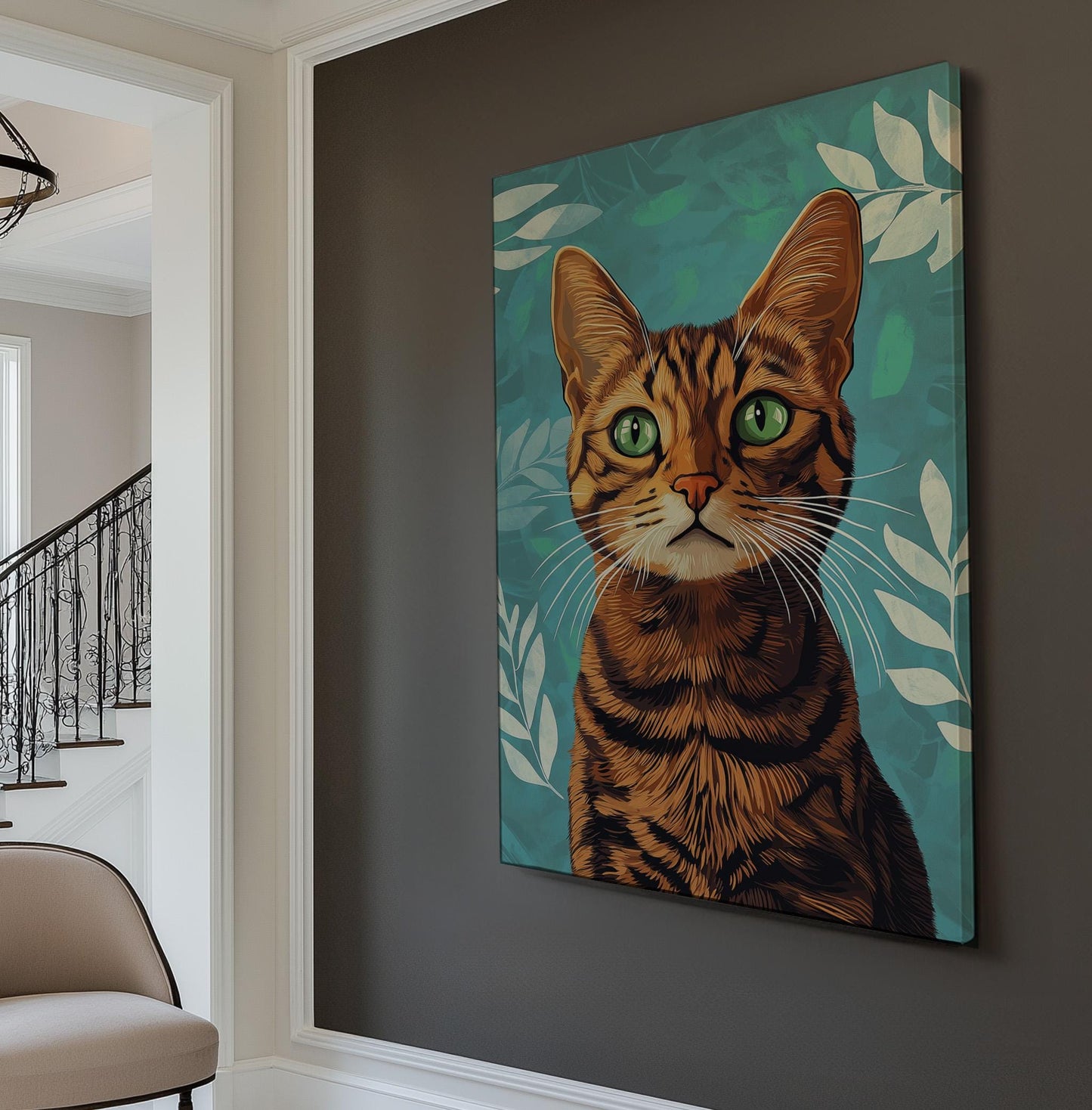 Cute Bengal Cat On Green Background Vertical Wall Art Pet, Decor Adorable Canvas Print, Minimal Big Canvas Art