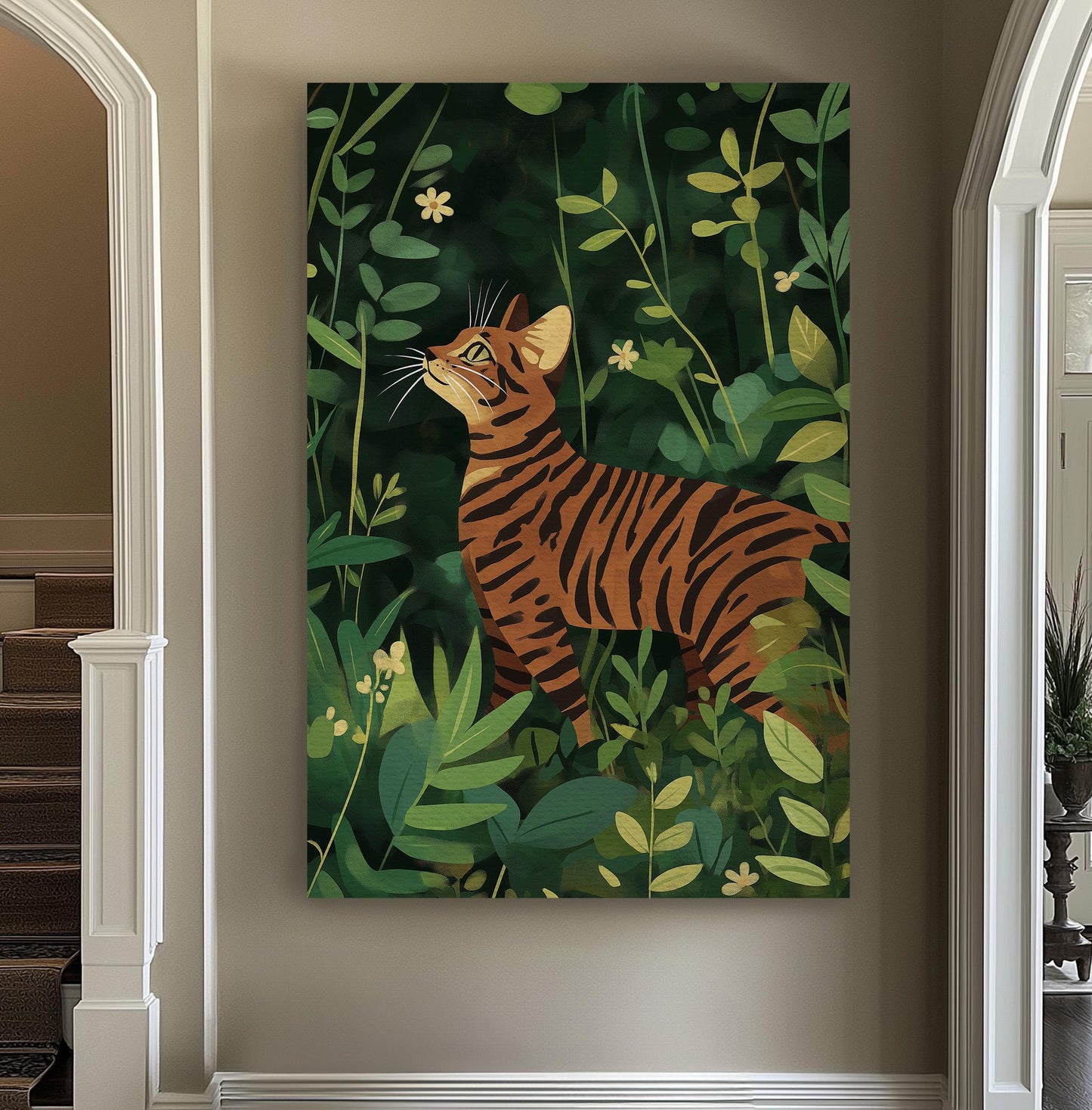 Cute Bengal Cat In The Garden Vertical Wall Art Pet, Decor Adorable Canvas Print, Minimal Big Canvas Art