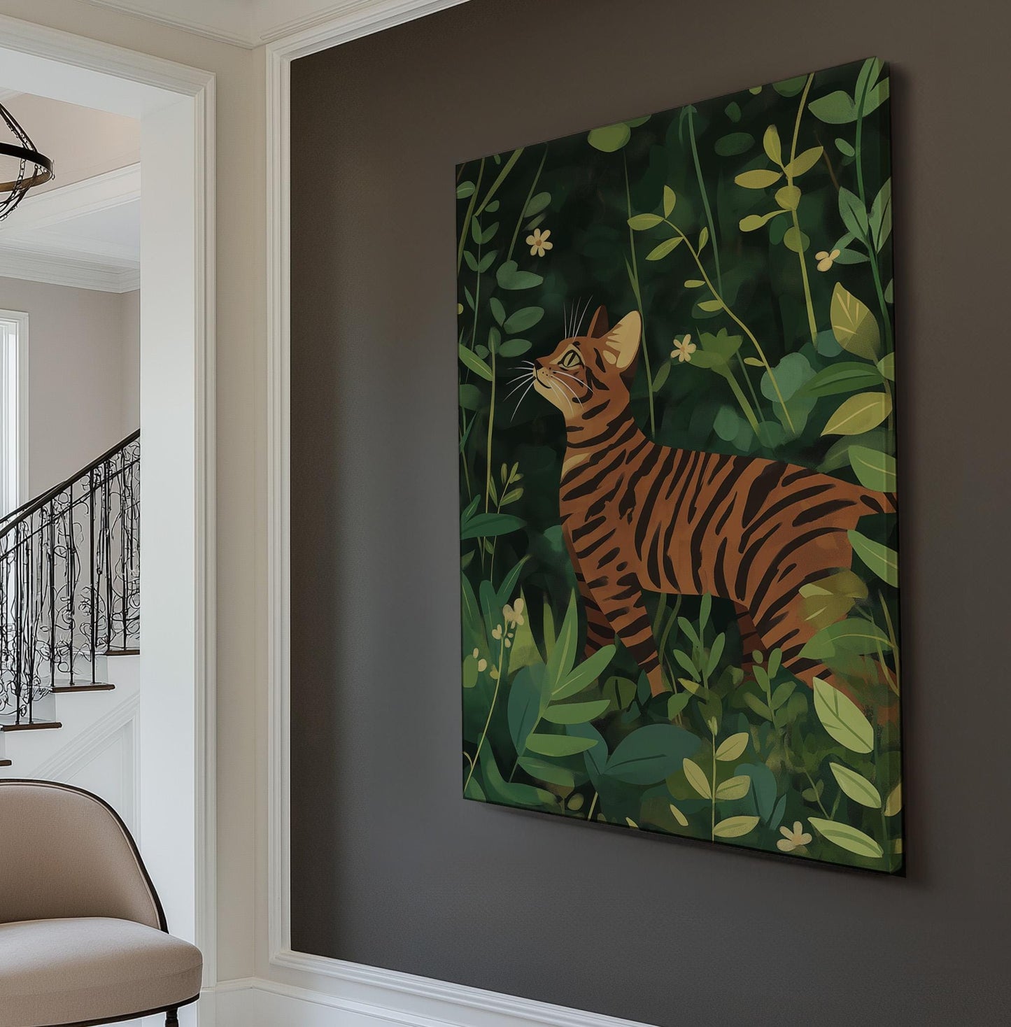 Cute Bengal Cat In The Garden Vertical Wall Art Pet, Decor Adorable Canvas Print, Minimal Big Canvas Art