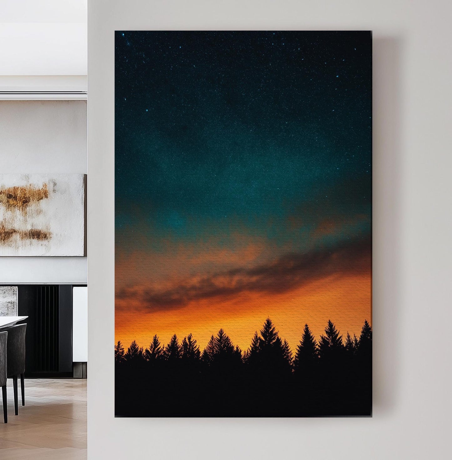 Sunrise in the Woods Vertical Wall Art Northern Lights, Decor Starry Sky Canvas Print, Aurora Borealis Big Canvas Art