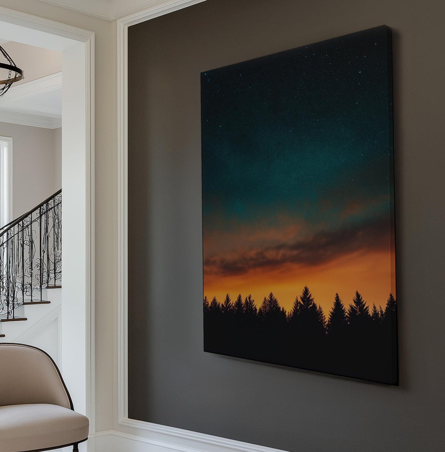 Sunrise in the Woods Vertical Wall Art Northern Lights, Decor Starry Sky Canvas Print, Aurora Borealis Big Canvas Art