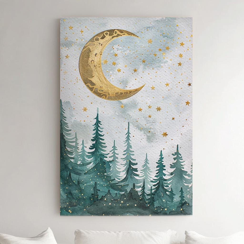 Starry Night Above Pine Trees Vertical Wall Art Enchanted Forest, Decor Fantasy Forest Canvas Print, Farmhouse Cabin Big Canvas Art