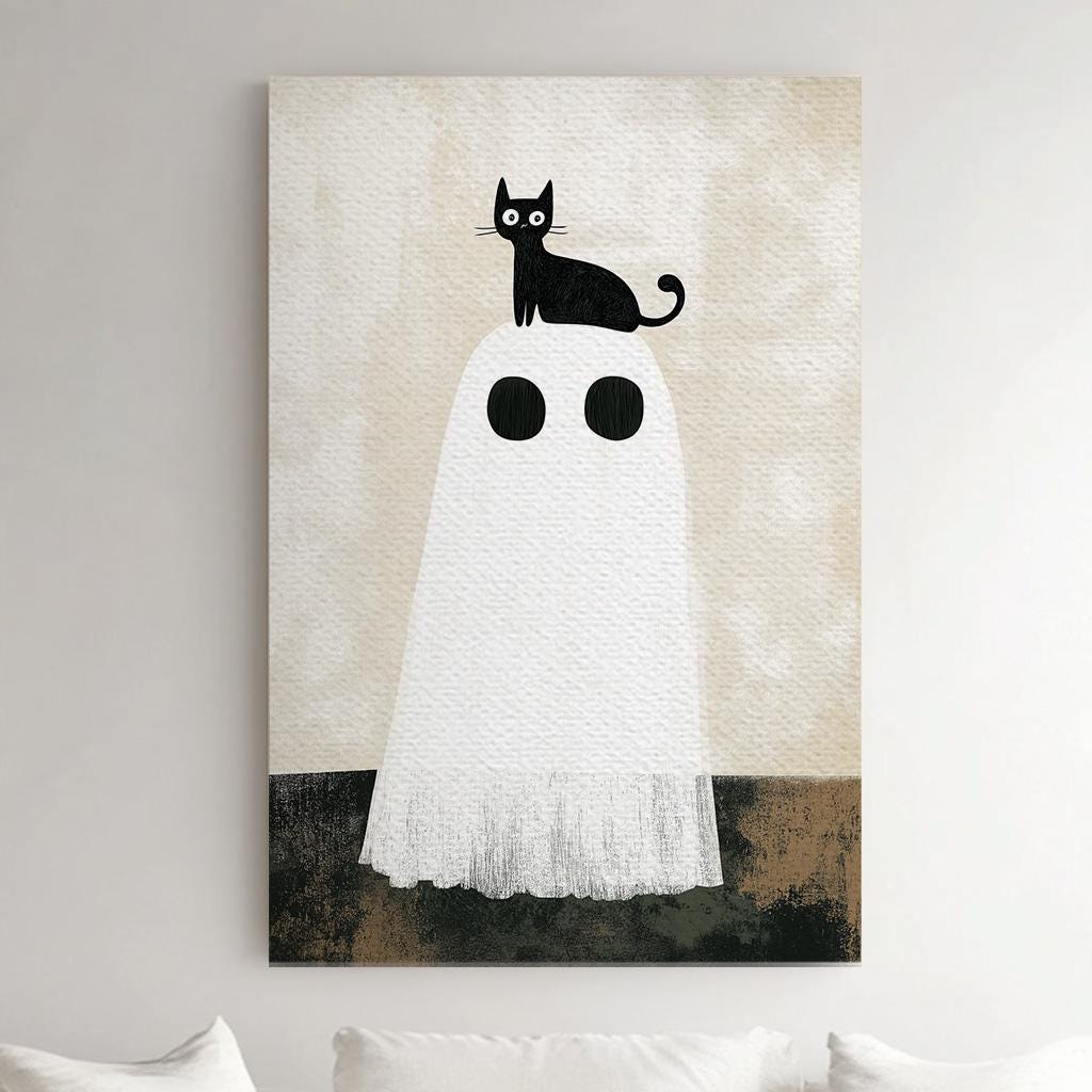 Spooky Halloween Ghost With A Black Cat Vertical Wall Art Spooky, Decor Dark Academia Canvas Print, Whimsical Big Canvas Art