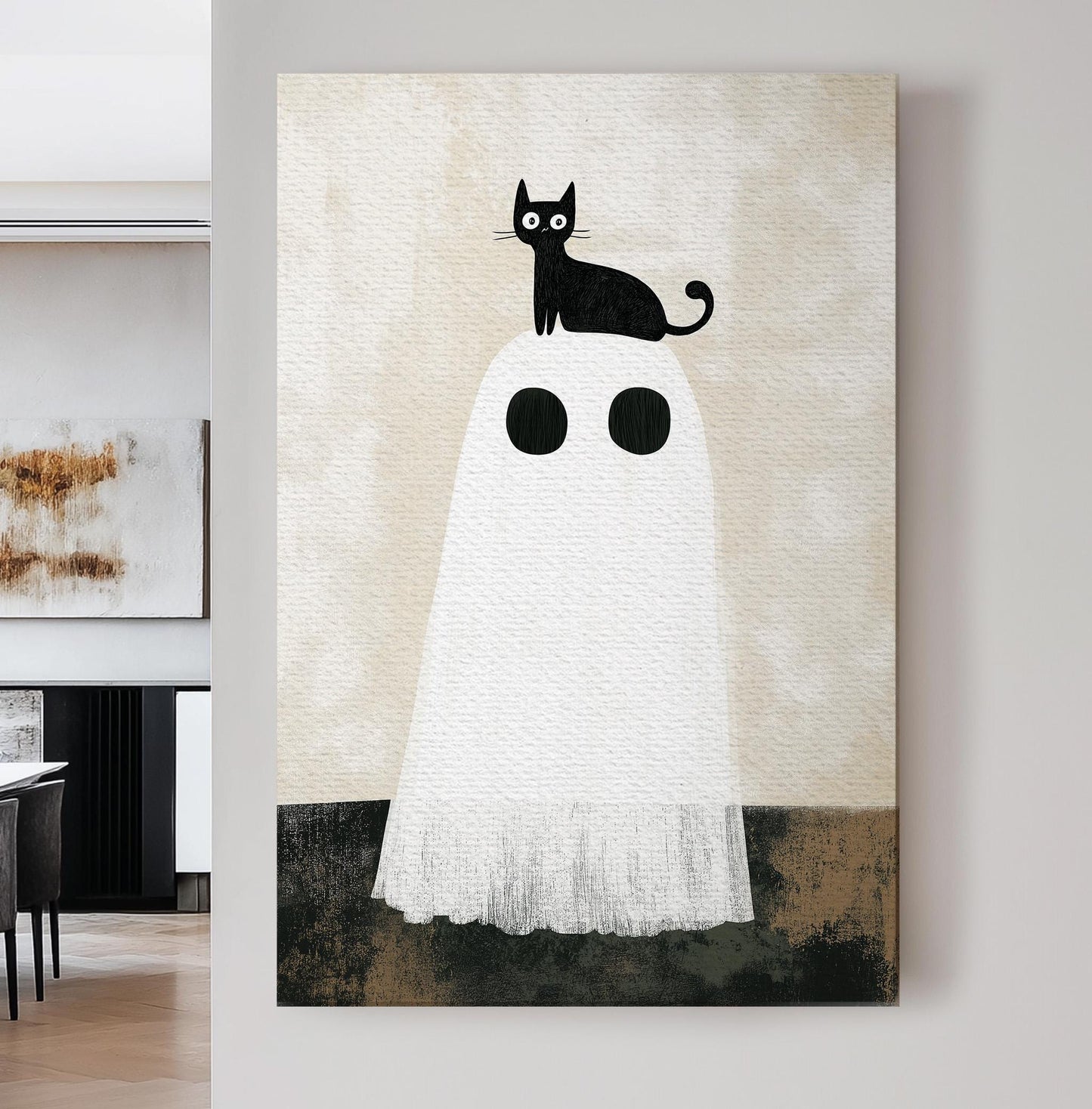 Spooky Halloween Ghost With A Black Cat Vertical Wall Art Spooky, Decor Dark Academia Canvas Print, Whimsical Big Canvas Art