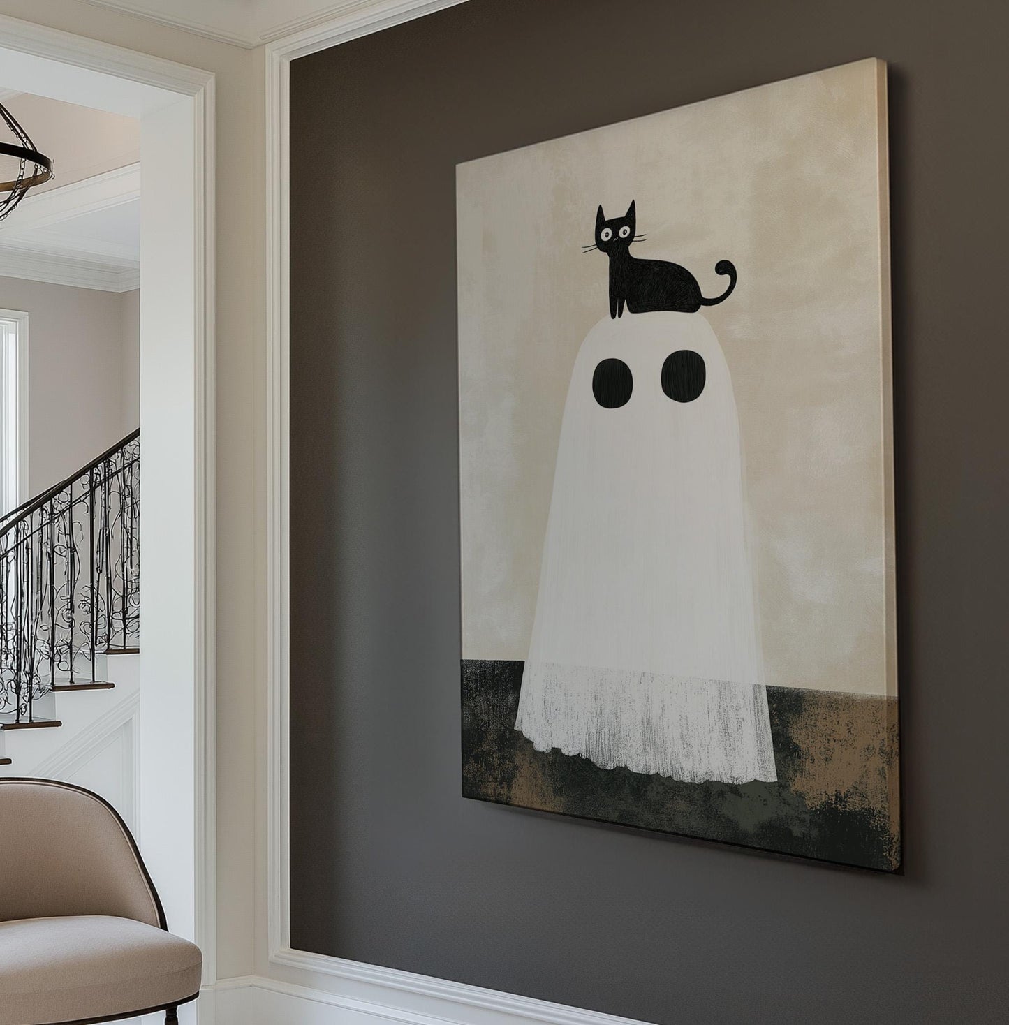 Spooky Halloween Ghost With A Black Cat Vertical Wall Art Spooky, Decor Dark Academia Canvas Print, Whimsical Big Canvas Art