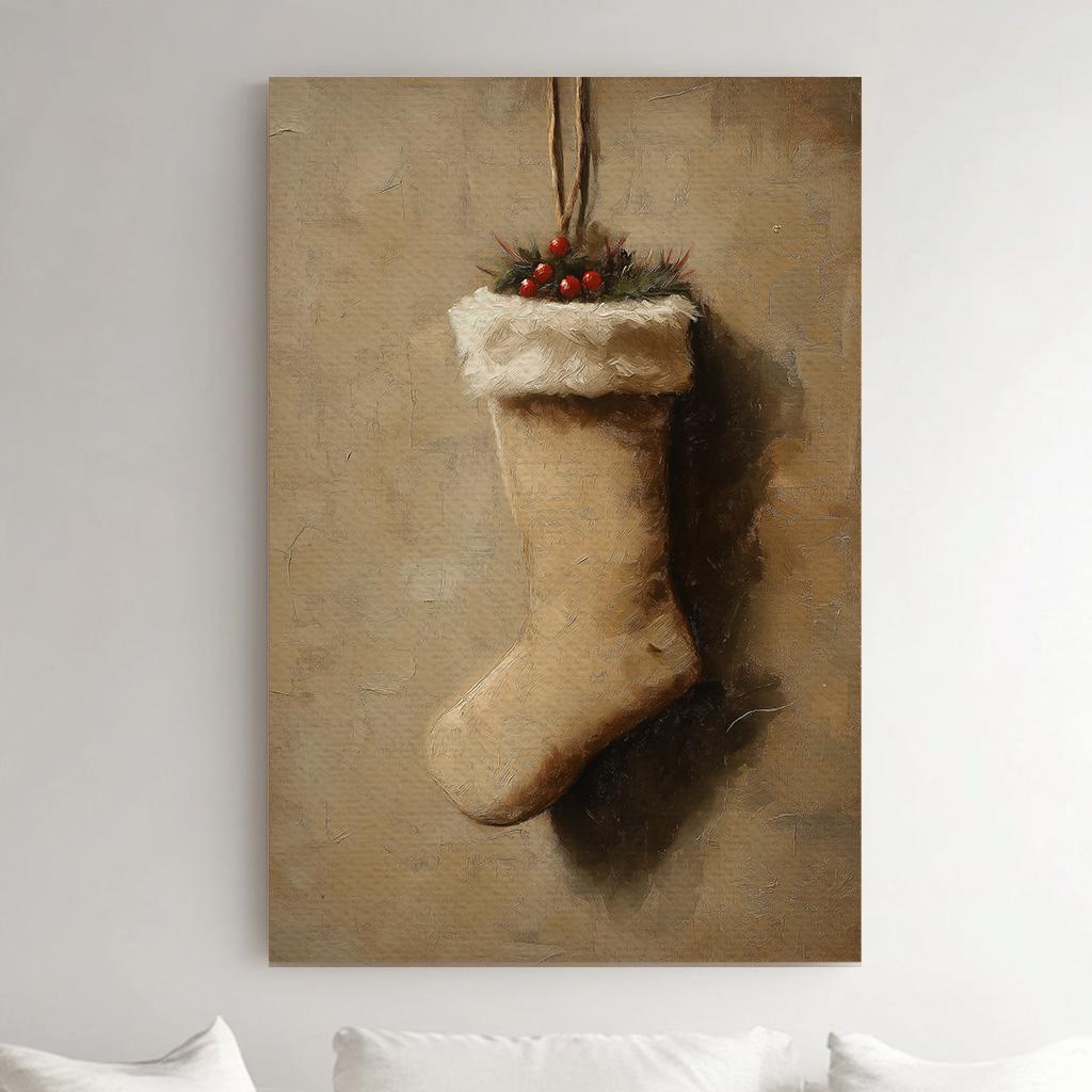 Brown Christmas Stocking Vertical Wall Art Christmas, Decor Winter Canvas Print, Farmhouse Big Canvas Art