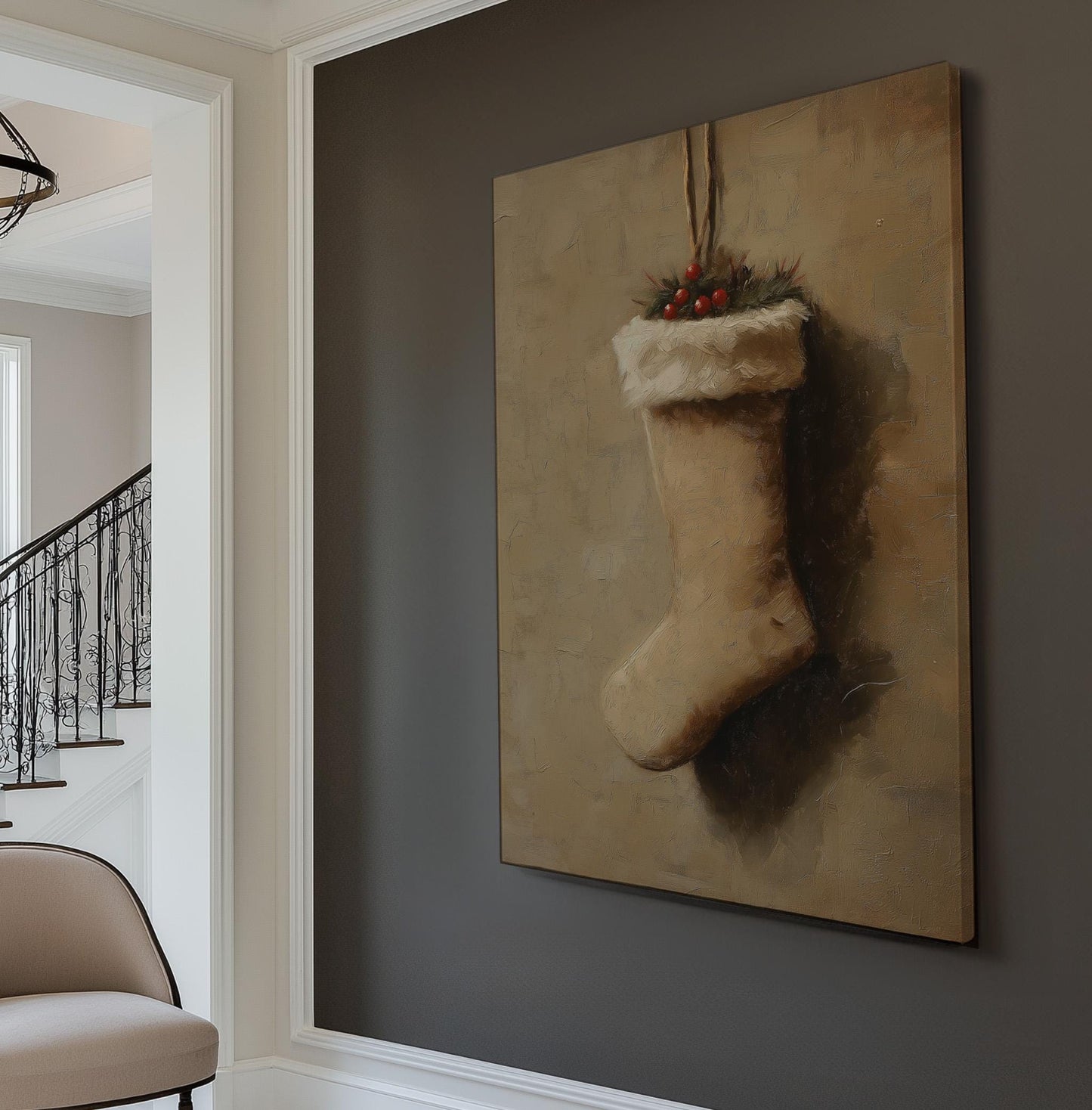 Brown Christmas Stocking Vertical Wall Art Christmas, Decor Winter Canvas Print, Farmhouse Big Canvas Art