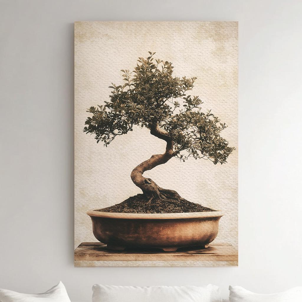 Bonsai Still Life Vertical Wall Art Japanese, Decor Botanical Canvas Print, Muted Colors Sephia Big Canvas Art