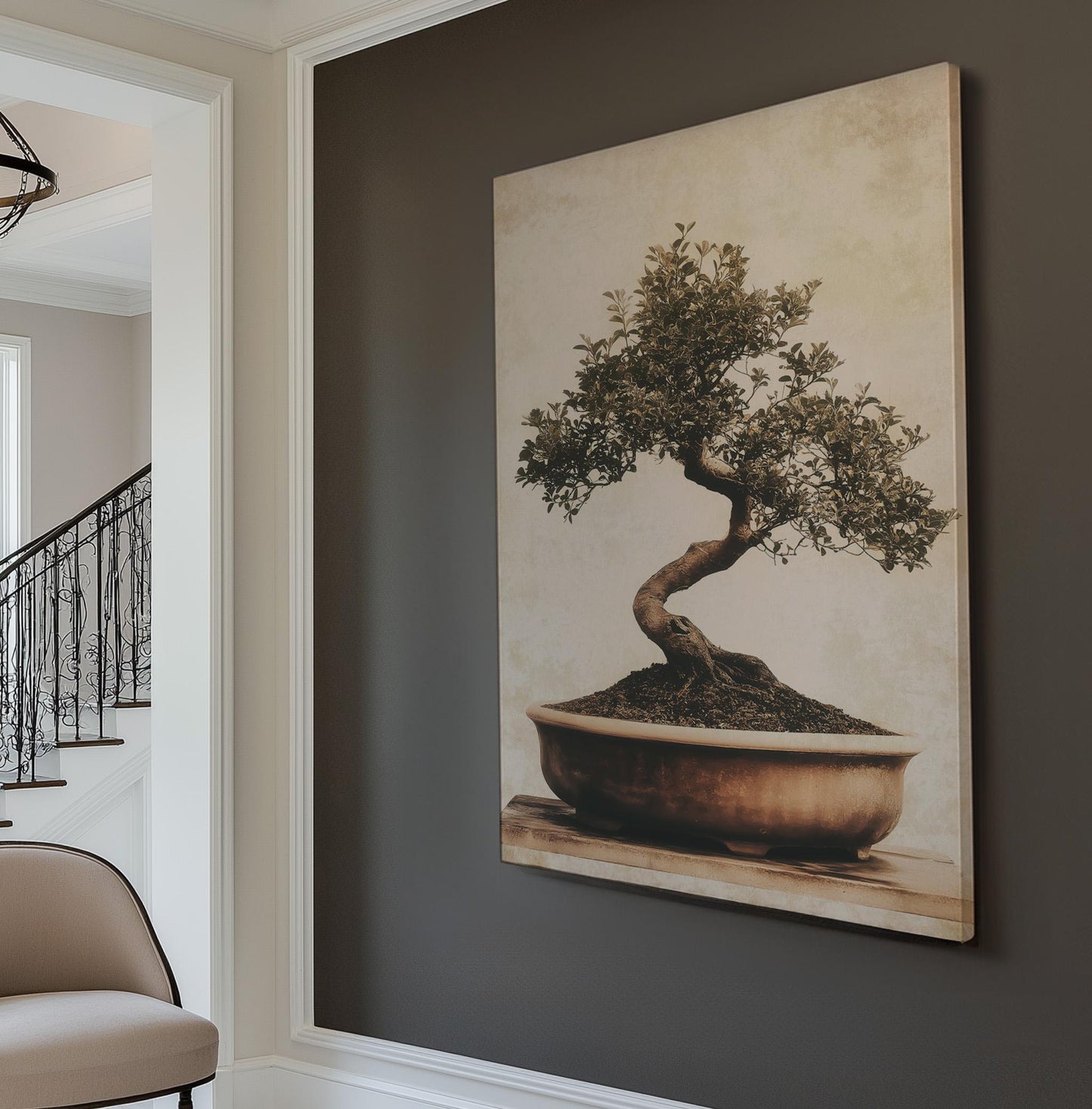 Bonsai Still Life Vertical Wall Art Japanese, Decor Botanical Canvas Print, Muted Colors Sephia Big Canvas Art