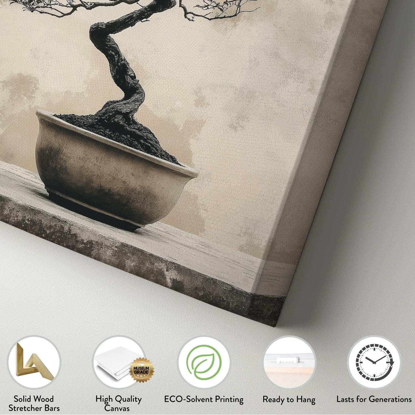 Bonsai Grey Vertical Wall Art Japanese, Decor Botanical Canvas Print, Muted Colors Sephia Big Canvas Art