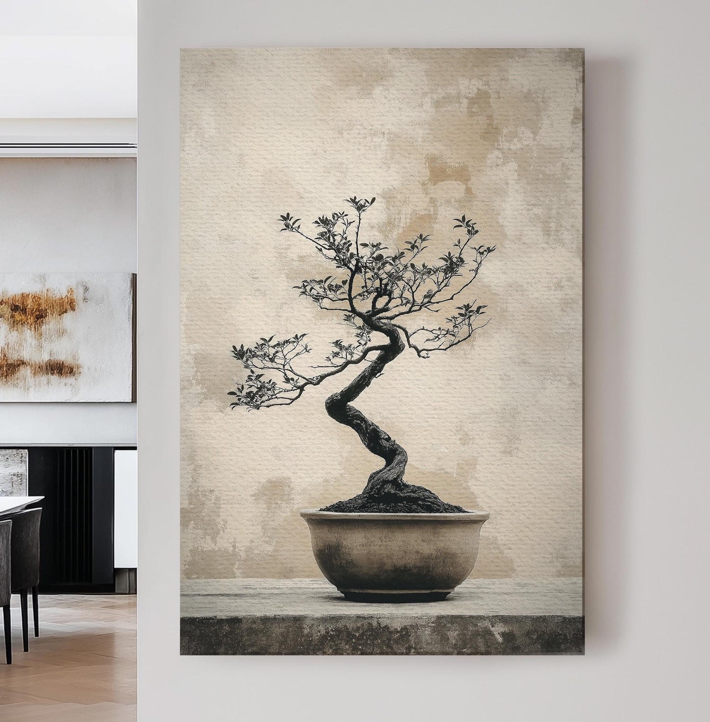 Bonsai Grey Vertical Wall Art Japanese, Decor Botanical Canvas Print, Muted Colors Sephia Big Canvas Art