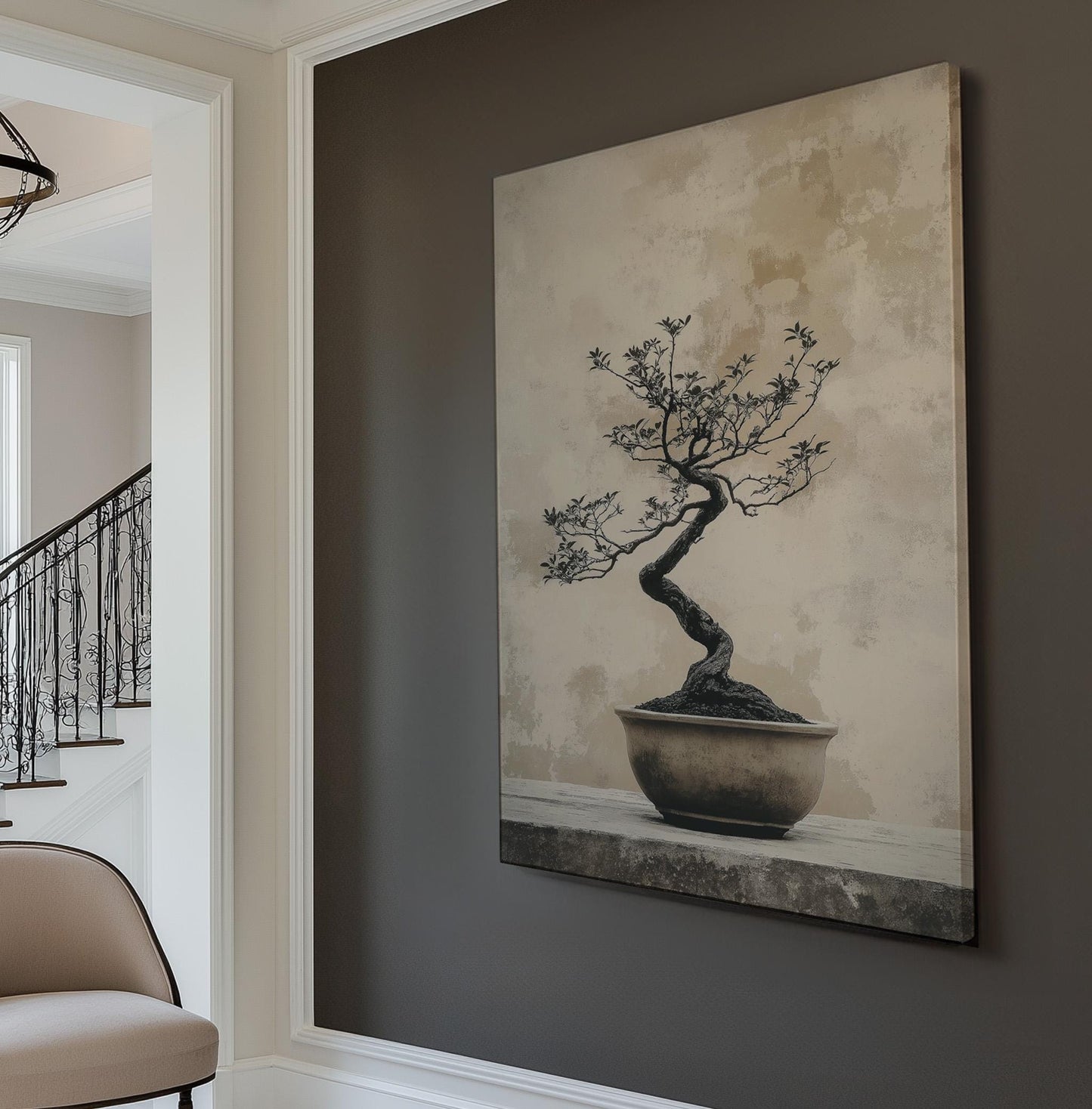 Bonsai Grey Vertical Wall Art Japanese, Decor Botanical Canvas Print, Muted Colors Sephia Big Canvas Art