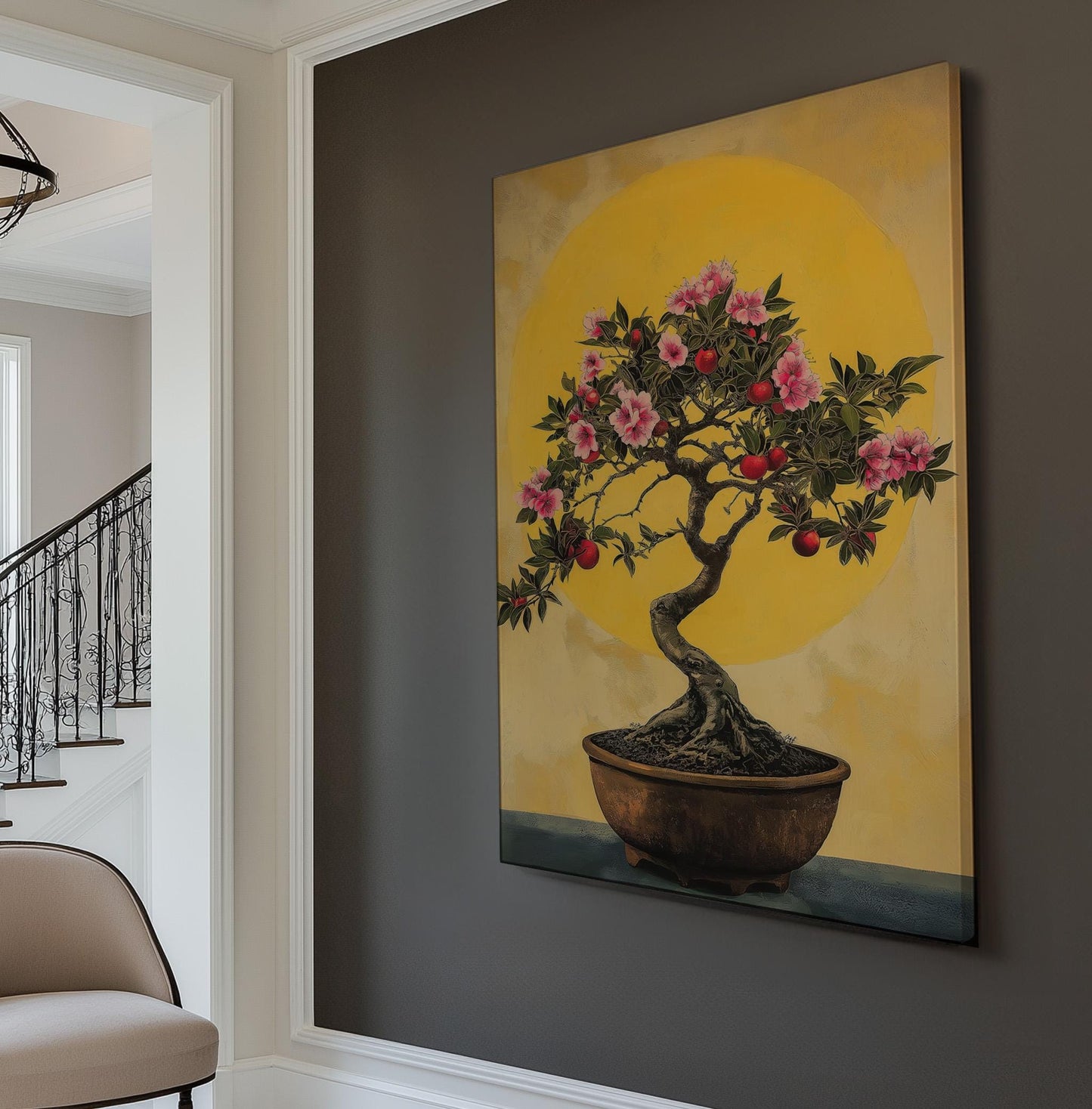 Bonsai Cherry Tree Vertical Wall Art Japanese, Decor Botanical Canvas Print, Muted Colors Sephia Big Canvas Art