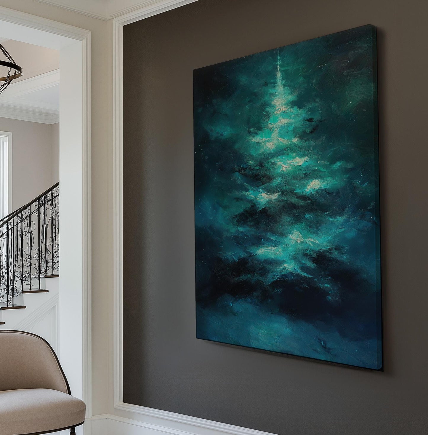 Abstract Blue Christmas Tree Vertical Wall Art Christmas, Decor Winter Canvas Print, Farmhouse Big Canvas Art