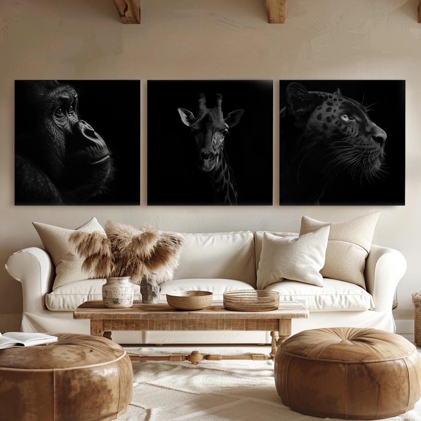Wild Animals Triple Canvas Wall Art Gorilla, Huge Giraffe Canvas Print, Black Panthner Decor Canvas Art
