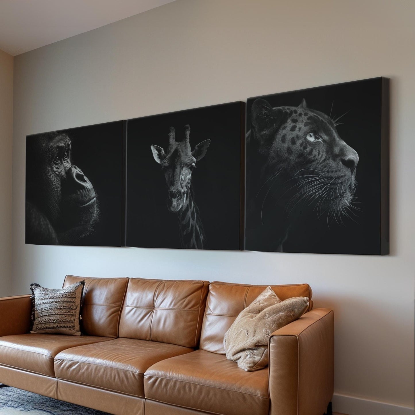 Wild Animals Triple Canvas Wall Art Gorilla, Huge Giraffe Canvas Print, Black Panthner Decor Canvas Art