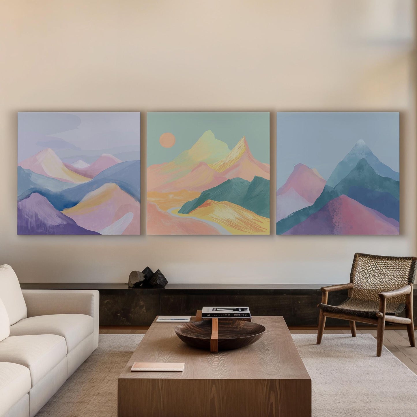 Mountain Watercolor Triple Canvas Wall Art Minimal, Huge Pastel Mountain Canvas Print, Modern Decor Canvas Art