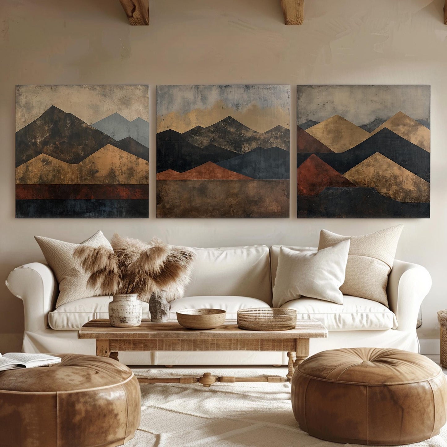 Mountain Art Deco Triple Canvas Wall Art Minimal, Huge Pastel Mountain Canvas Print, Modern Decor Canvas Art