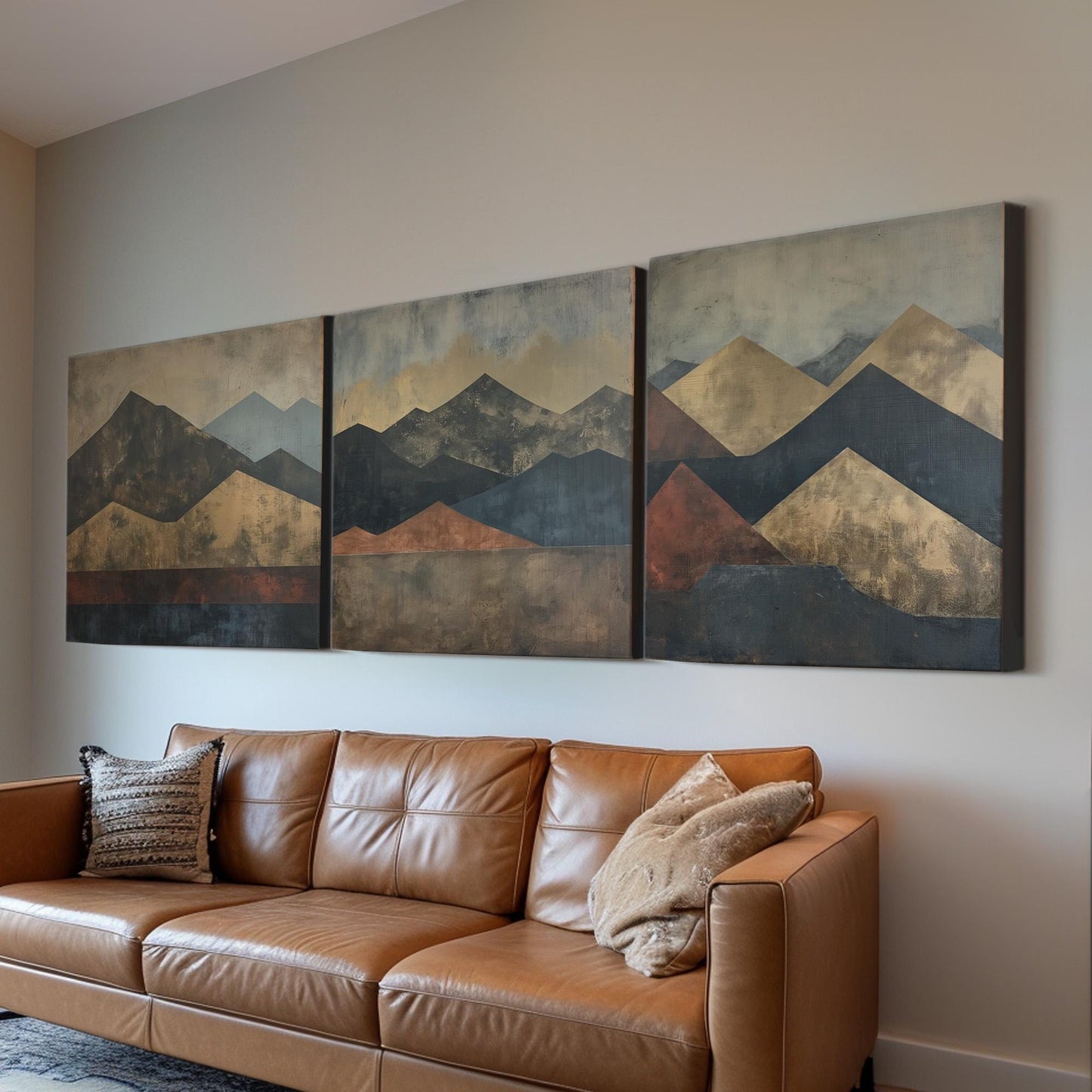 Mountain Art Deco Triple Canvas Wall Art Minimal, Huge Pastel Mountain Canvas Print, Modern Decor Canvas Art