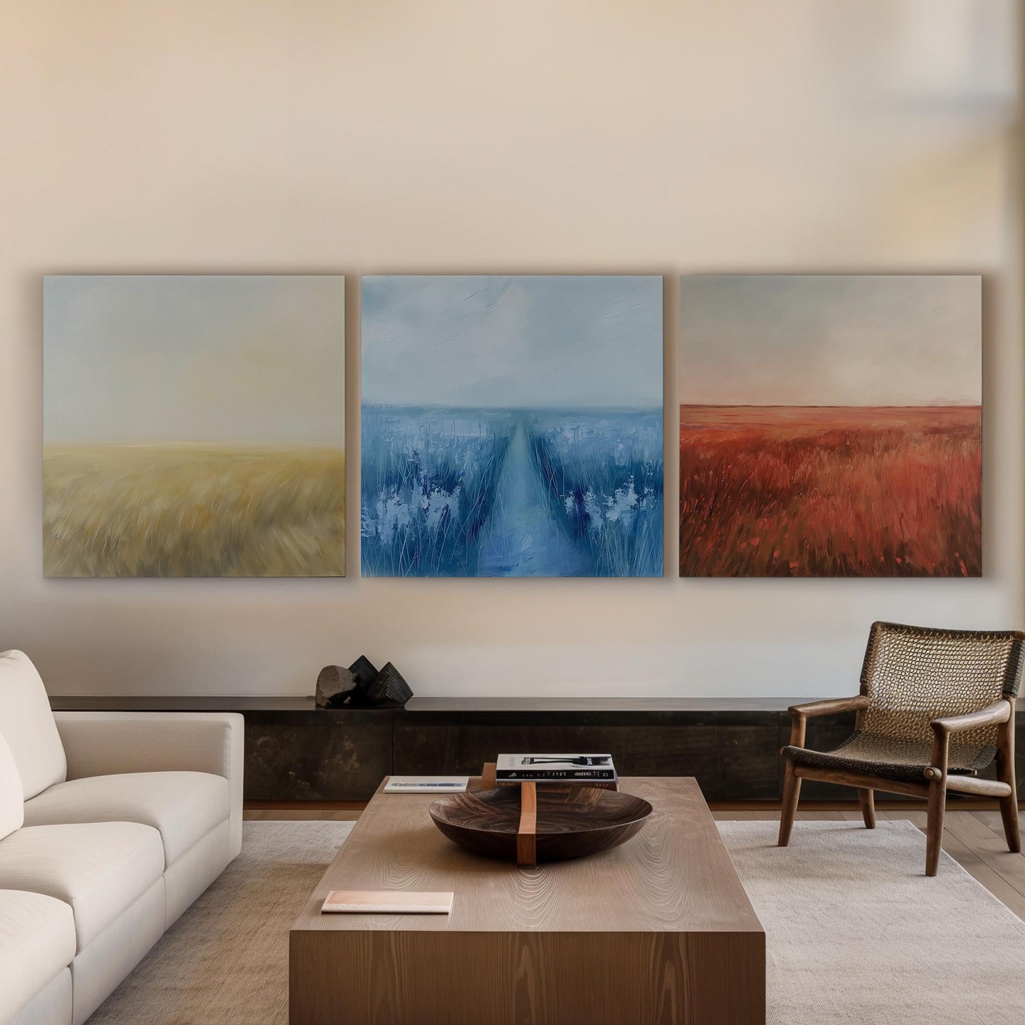 Colorful Grass Field Triple Canvas Wall Art Pampas Grass, Huge Pastel Canvas Print, Modern Decor Canvas Art