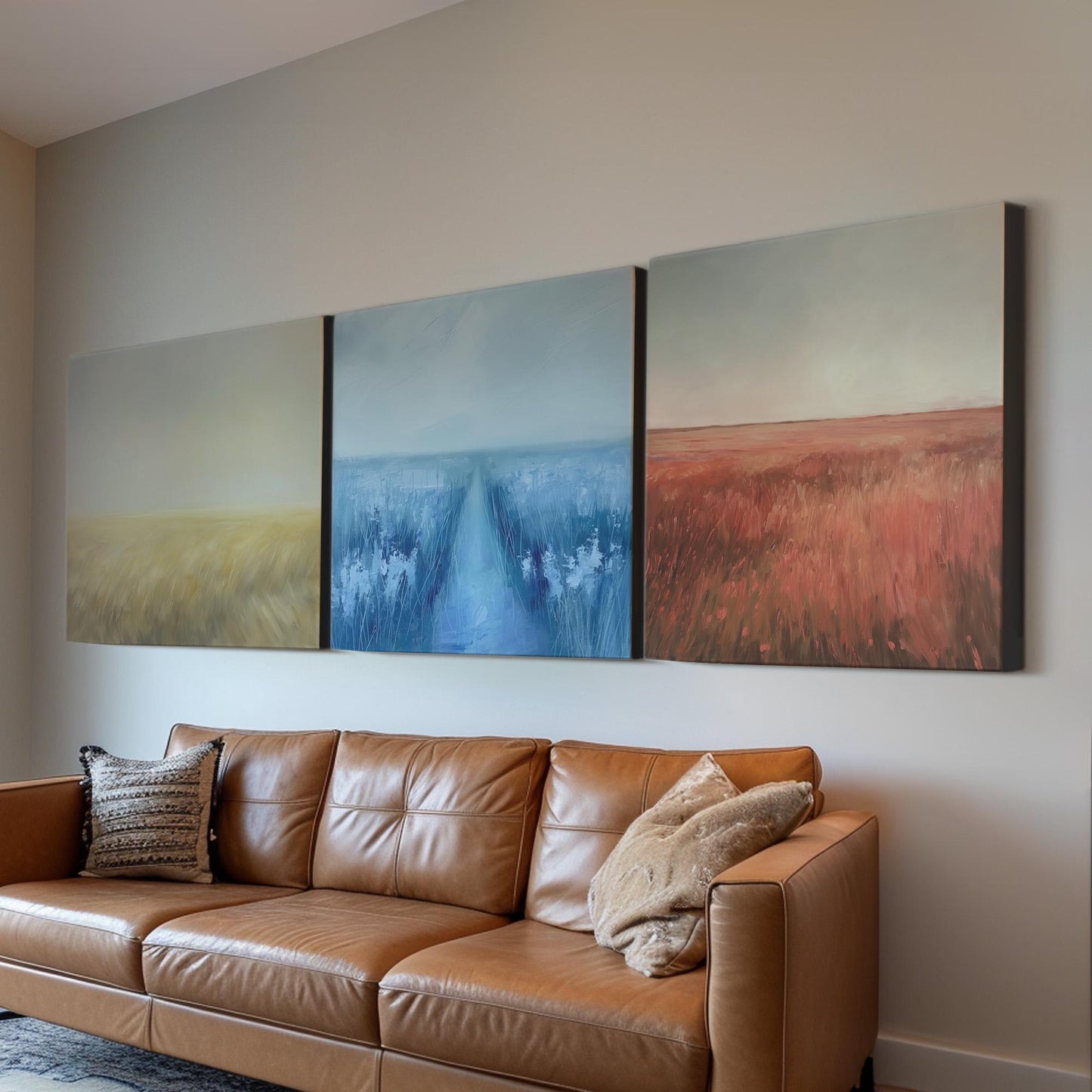 Colorful Grass Field Triple Canvas Wall Art Pampas Grass, Huge Pastel Canvas Print, Modern Decor Canvas Art
