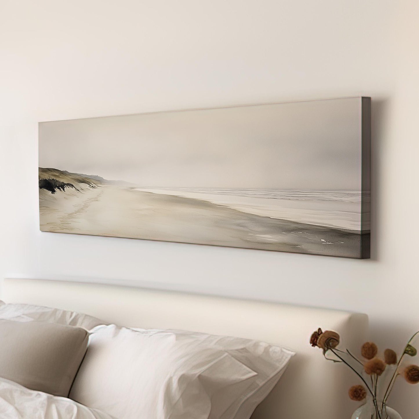 Empty Shore Panoramic Muted Beach, Minimal Nautical Art Canvas Print, Coastal Sunset Printed Canvas Art