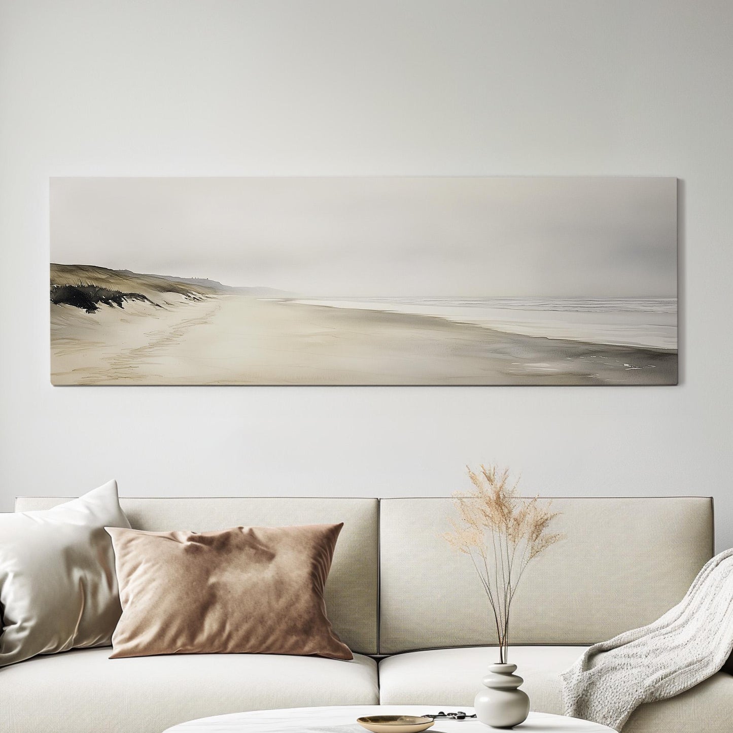 Empty Shore Panoramic Muted Beach, Minimal Nautical Art Canvas Print, Coastal Sunset Printed Canvas Art