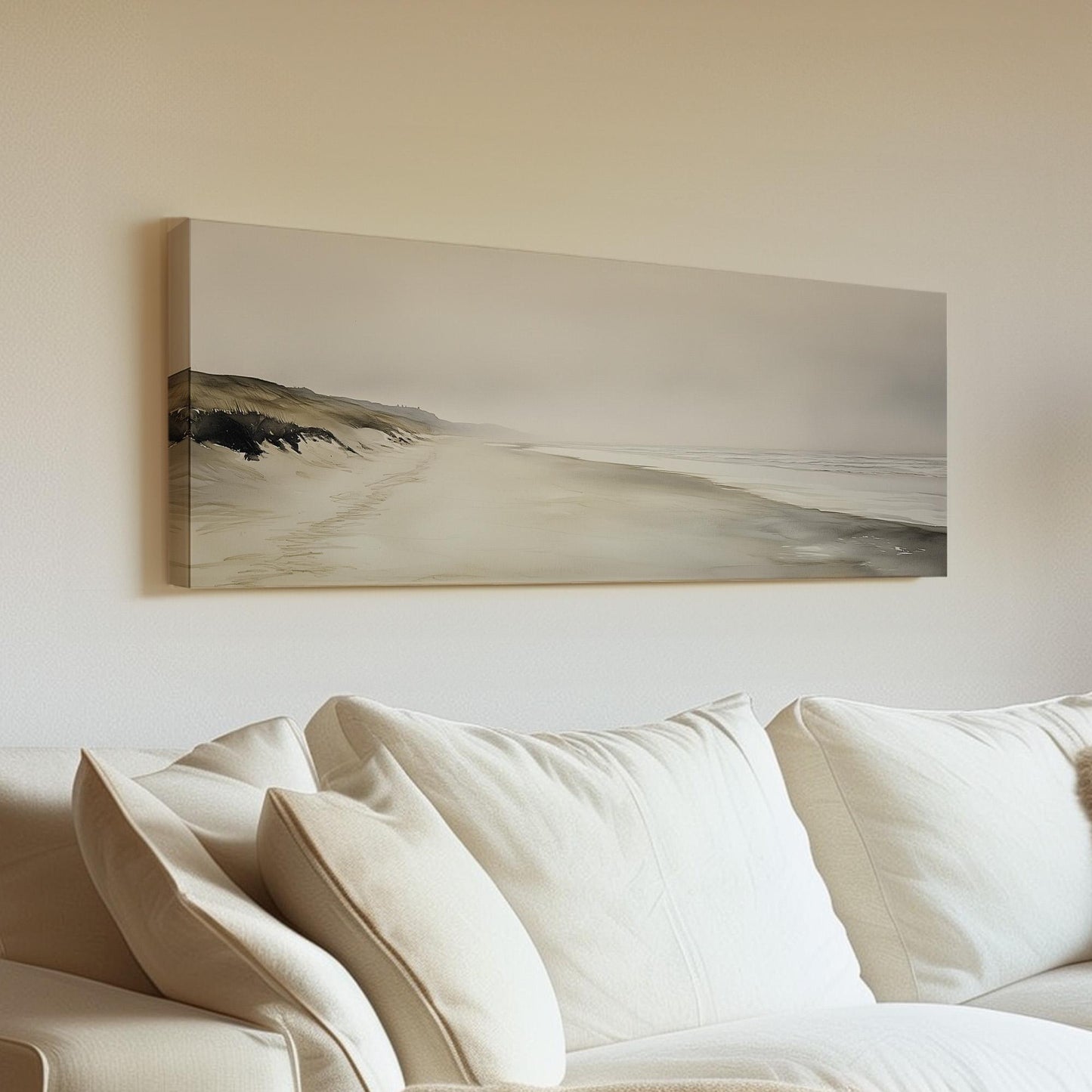 Empty Shore Panoramic Muted Beach, Minimal Nautical Art Canvas Print, Coastal Sunset Printed Canvas Art